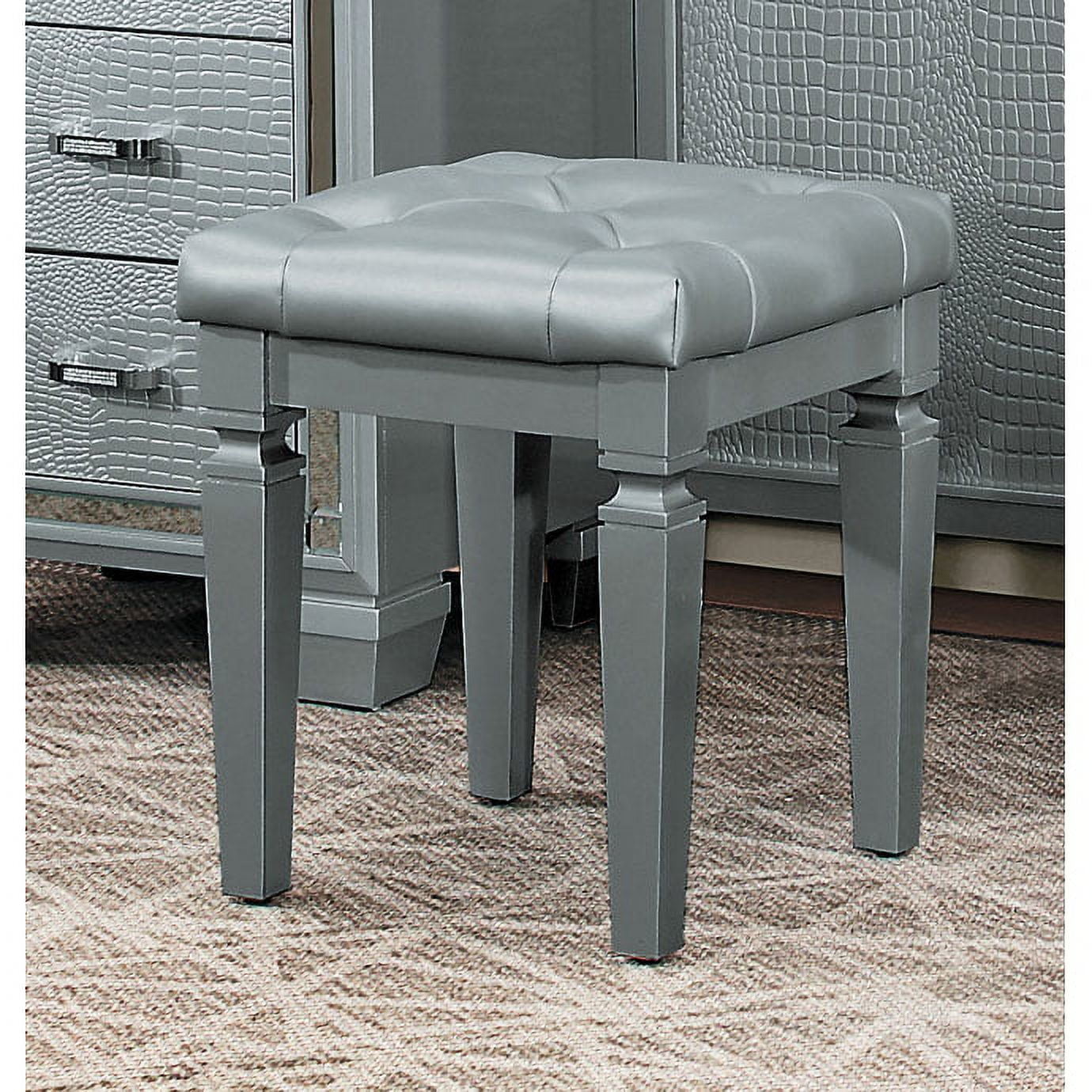 Wooden Vanity Stool With Faux Leather Tufted Seat, Gray- Saltoro Sherpi