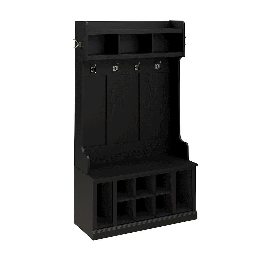 Bowery Hill 40" Engineered Wood Hall Tree and Shoe Bench w/ Shelves in Black Oak