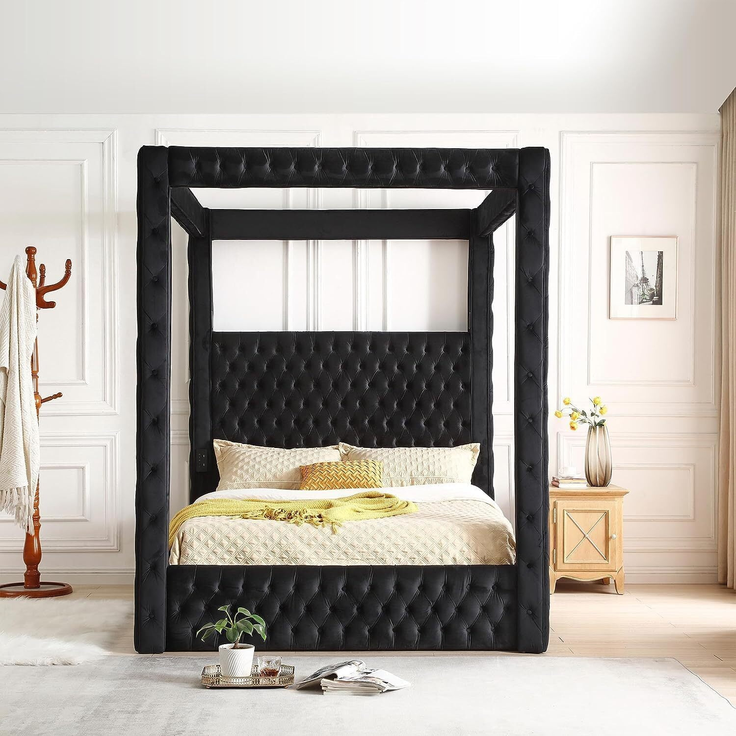 Woodpeckers Furniture and Mattress Luxurious Velvet Canopy Dream Bed with Speaker & USB Connection