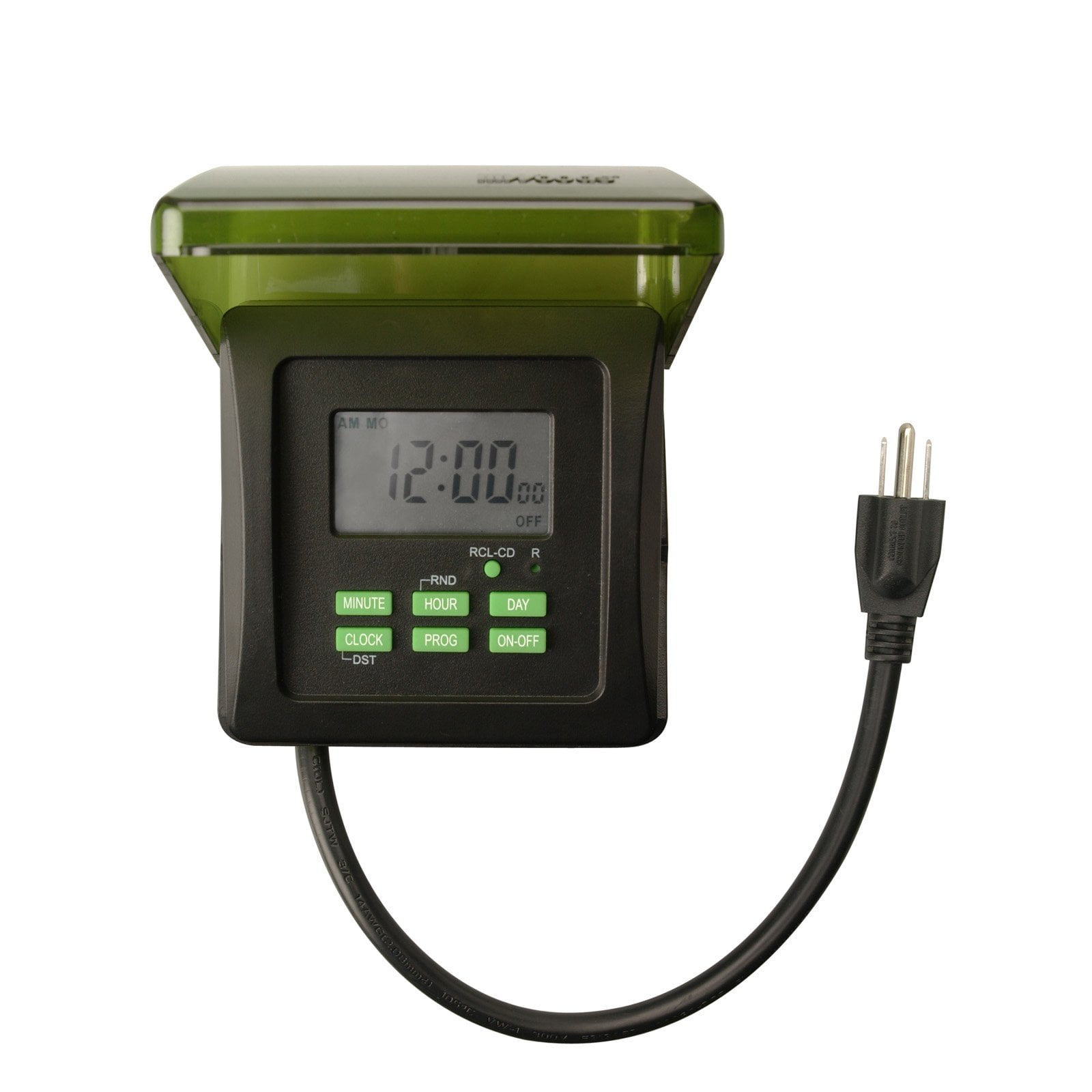 Woods 50015WD Outdoor 7-Day Heavy Duty Digital Plug-in Timer, 2 Grounded Outlets, Weatherproof, Perfect for Automating Holiday/Christmas Lights, Energy Saving Precision Programming, Black & Green