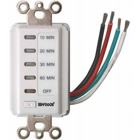 Woods 59008 Decora Style 60-30-20-10 Minute Preset Wall Switch Timer, White, 60-Minute