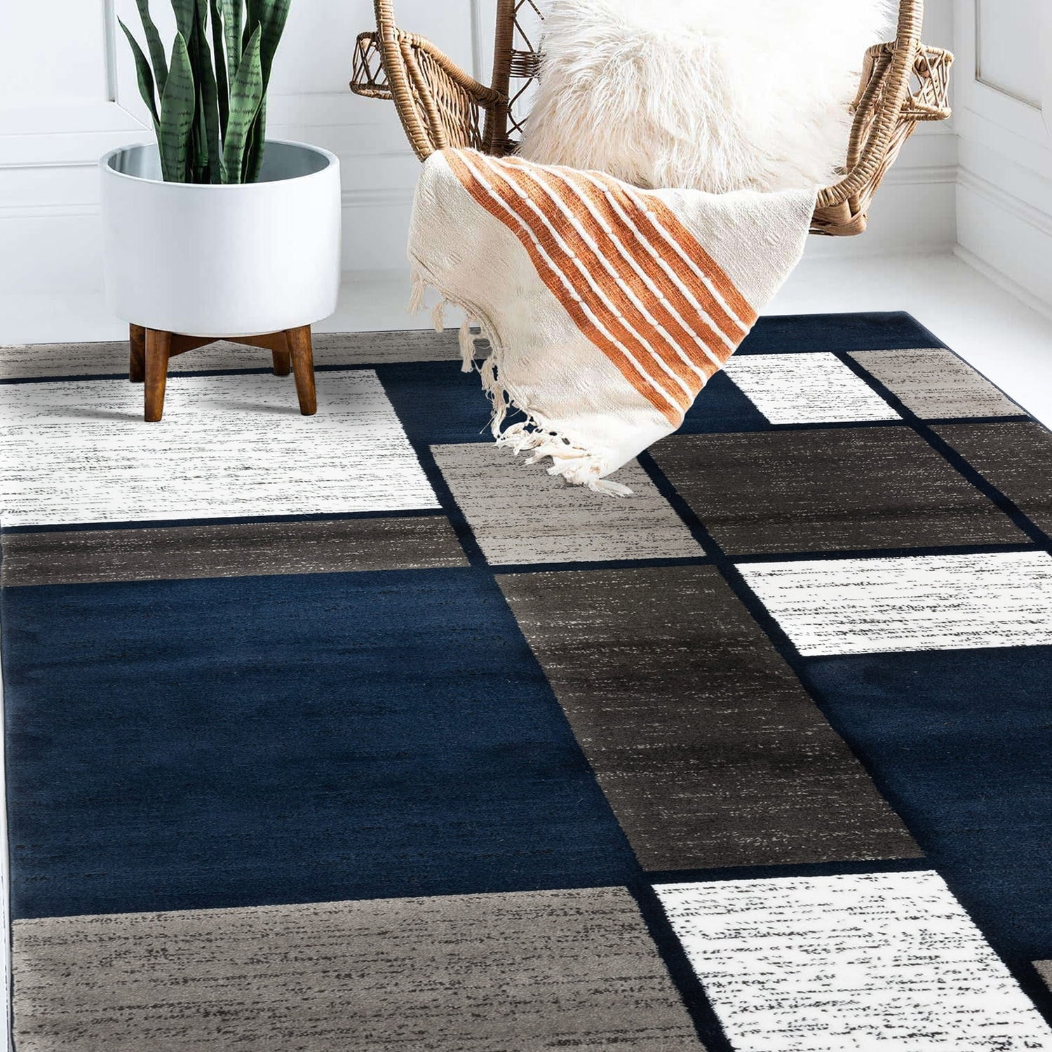 World Rug Gallery  Contemporary Modern Boxed Color Block Area Rug Navy 9' x 12' Geometric, Color Block 9' x 12', 7' x 9' Living Room, Bedroom, Dining
