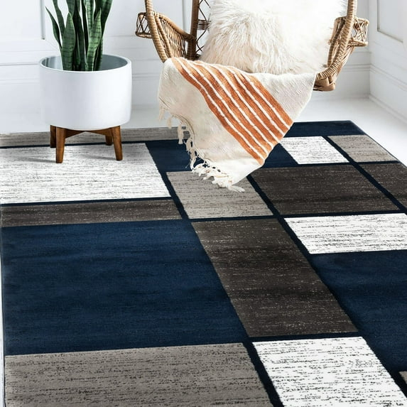 World Rug Gallery  Contemporary Modern Boxed Color Block Area Rug Navy 9' x 12' Geometric, Color Block 9' x 12', 7' x 9' Living Room, Bedroom, Dining