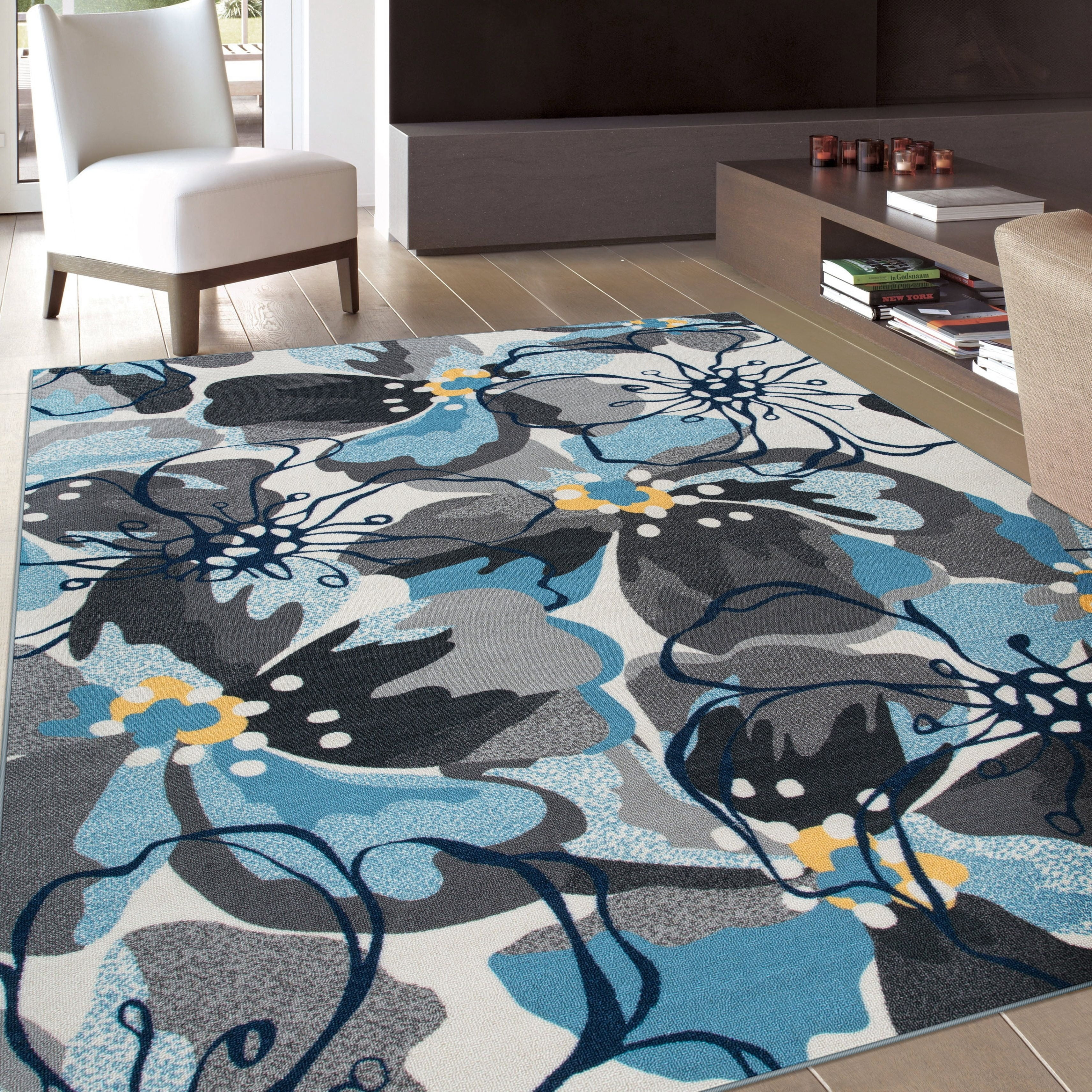 World Rug Gallery  Modern Floral Non-Slip Area Rug Ivory, Blue, Grey 6'6"x9' Pet Friendly, Stain Resistant, Non Slip 6' x 9', 7' x 9' Indoor Living