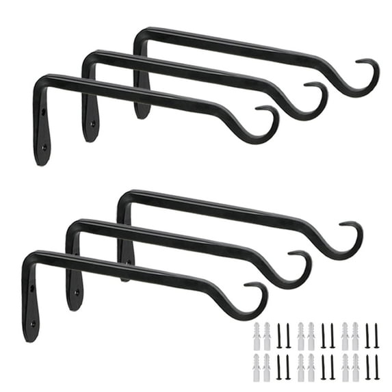 6-Pack 7" Plant Hanger Bracket - Forged Wrought Iron Powder-Coated Heavy Duty Wall Hook - Black Plant Hanging Hooks - Durable and Stable for Bird Feeders, Planters Indoor & Outdoor
