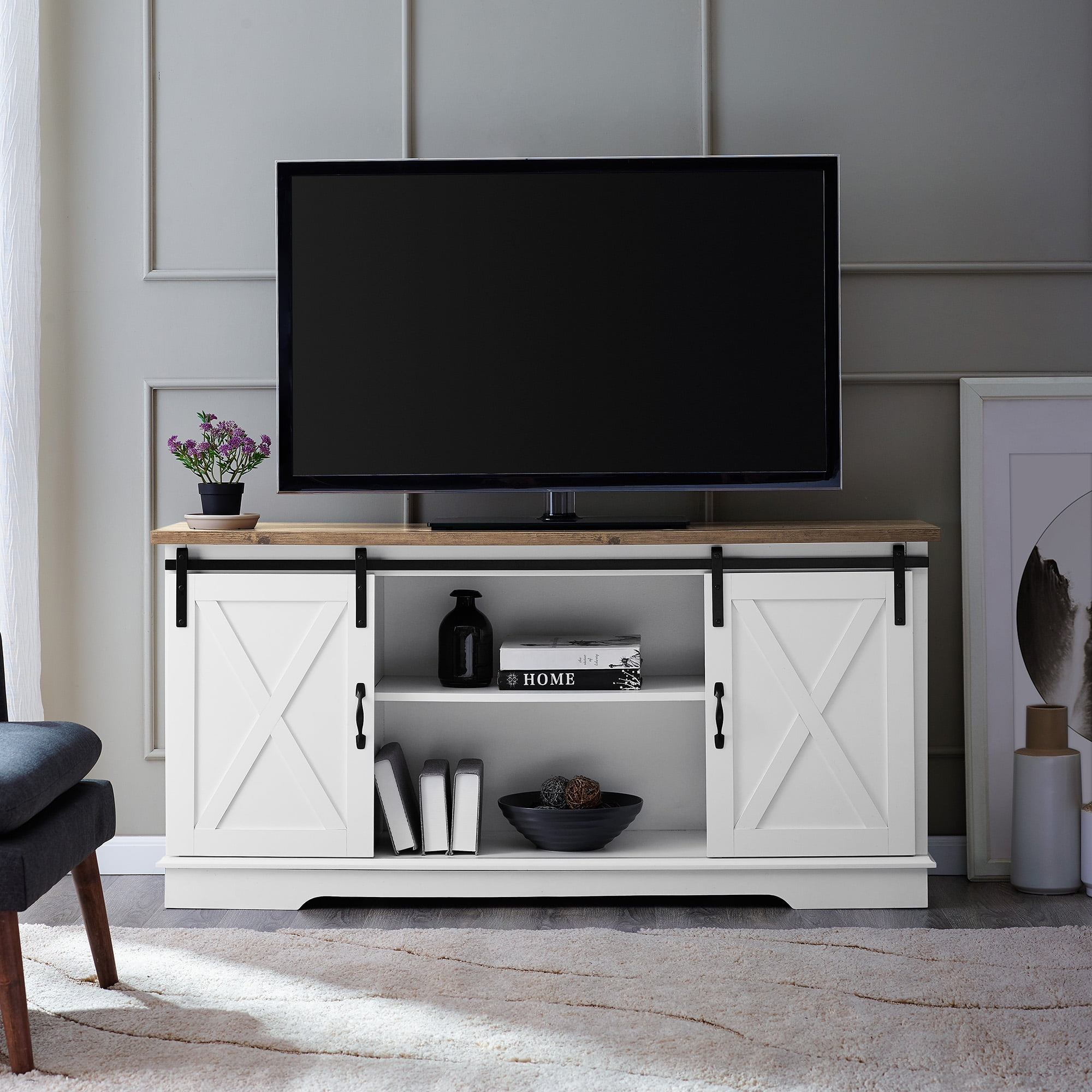 Walker Edison Farmhouse Sliding Barn Door TV Stand for TVs up to 65", White/Reclaimed Barnwood