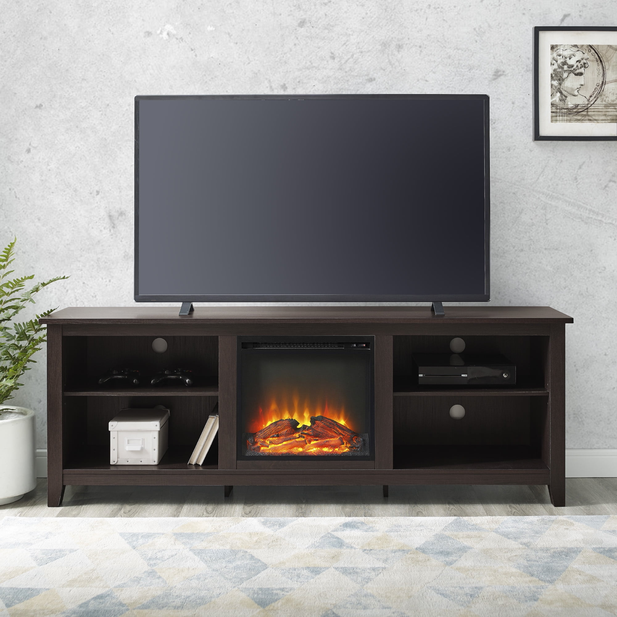 Walker Edison Open Storage Fireplace TV Stand for TVs Up to 80", Espresso