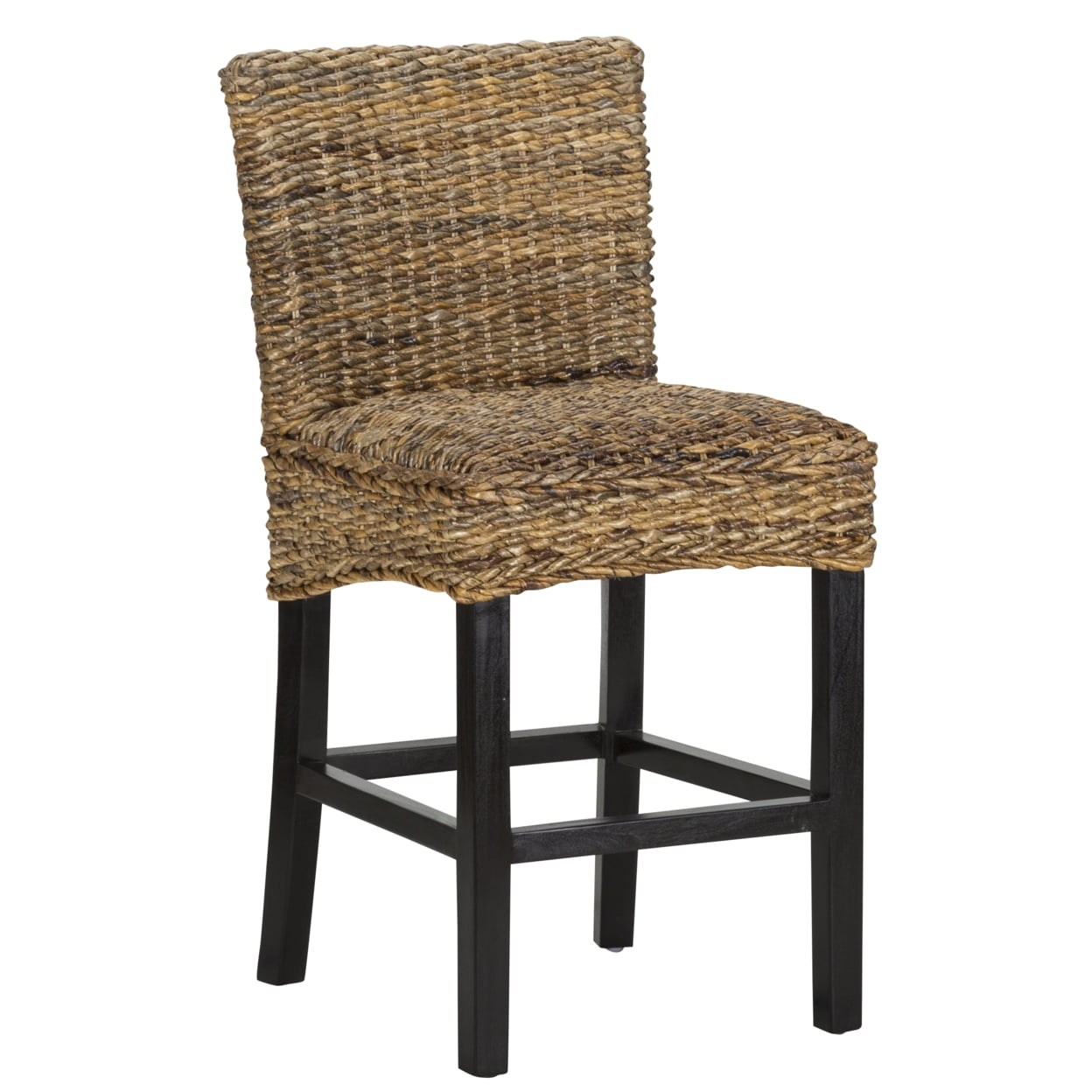 Woven Rattan Counter Height Stool with Wooden Legs and Low Profile Backrest Brown and Black- Saltoro Sherpi