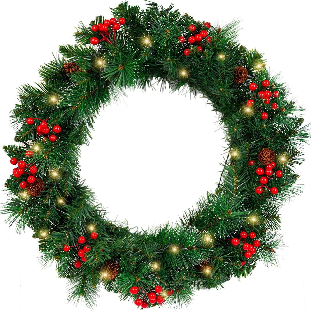 💐 Wreath door hanger 24" Pre-Lit Artificial Christmas Wreaths for Front Door Decorated with Pine Cones, Red Berries, Frosted Branches, 50 LED Lights for Indoor Outdoor Christmas Decorations