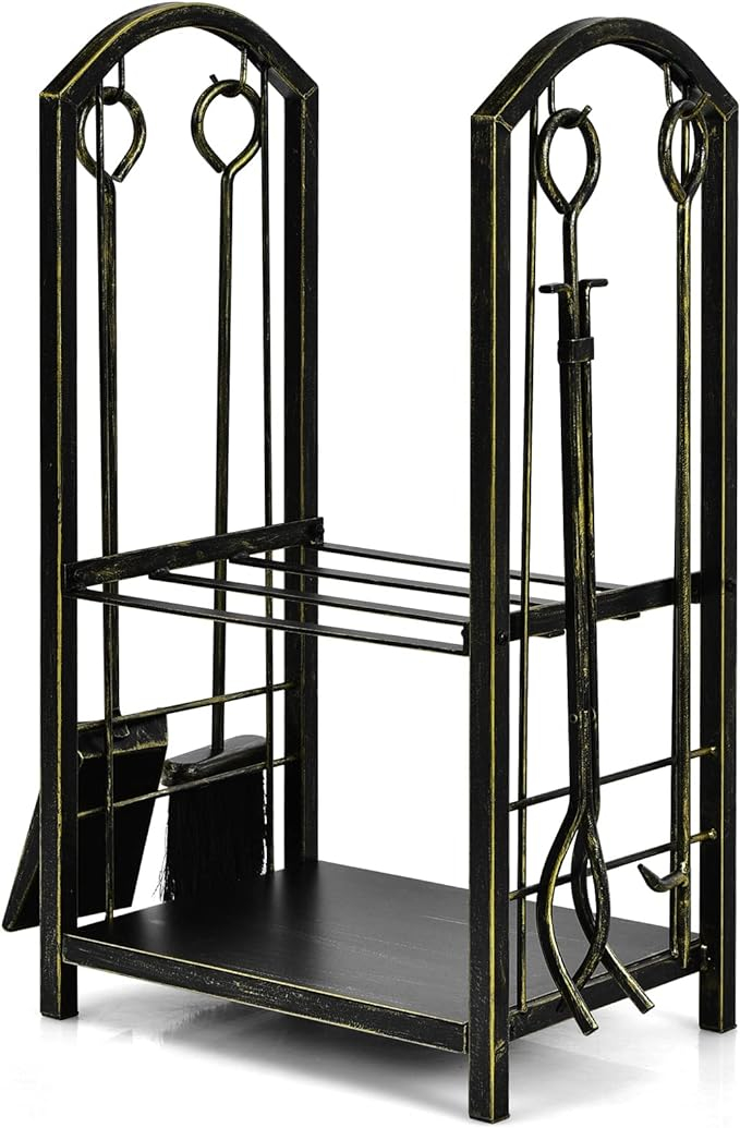 Kadyn Fire Wood Storage Racks, Firewood Holder,Firewood Frame,Firewood Shelf,Fireplace Log Rack with 4 Pieces Fireplace Tools-Bronze
