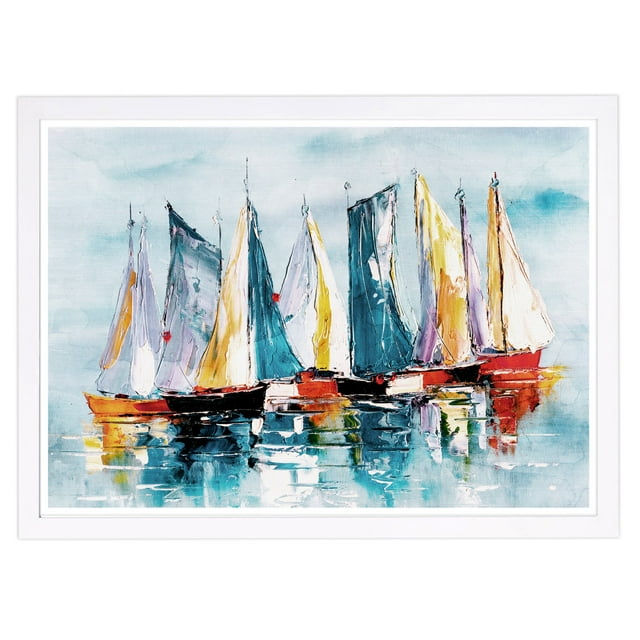 Wynwood Studio 'Beautiful Boat Day' Nautical and Coastal Framed Wall Art Print - Blue, Orange