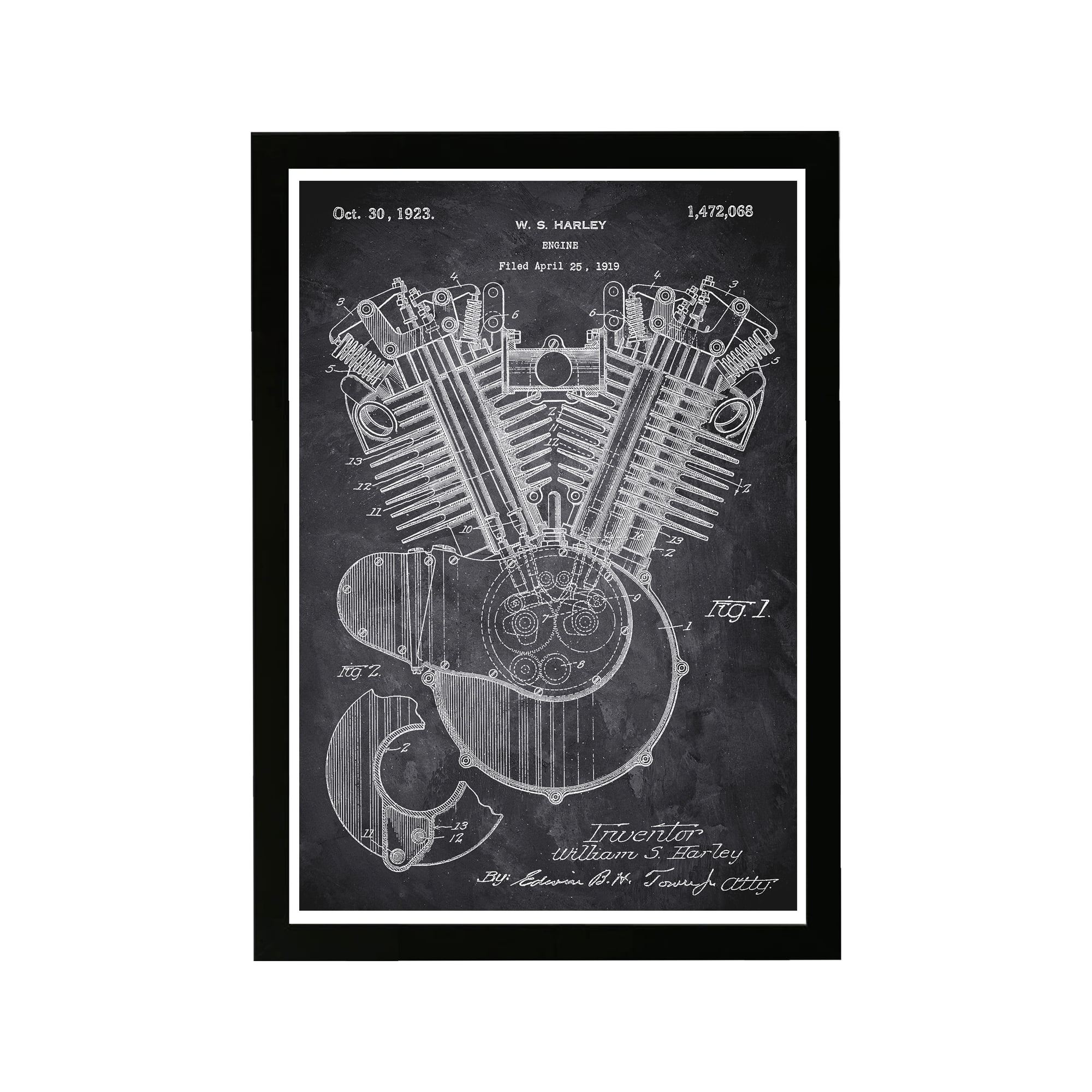 Wynwood Studio Transportation Framed Wall Art Prints 'Harley Engine 1923 Chalkboard' Motorcycles Home Décor - Black, White, 13" x 19"