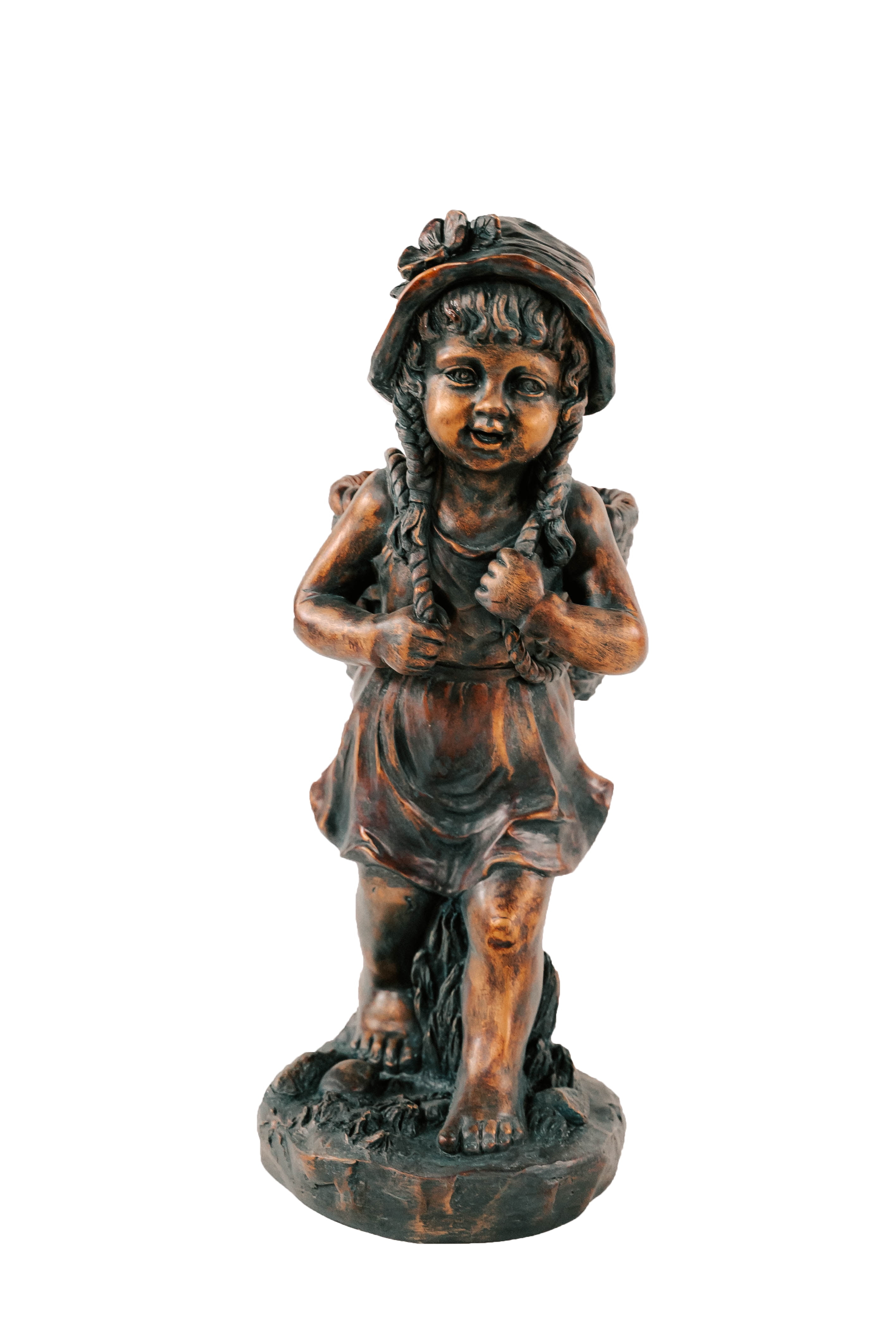 24in.H Faux Bronze Magnesium Oxide Walking Girl Garden Statue w/Small Flower PlantPot, Outdoor, Natural Design Sculpture