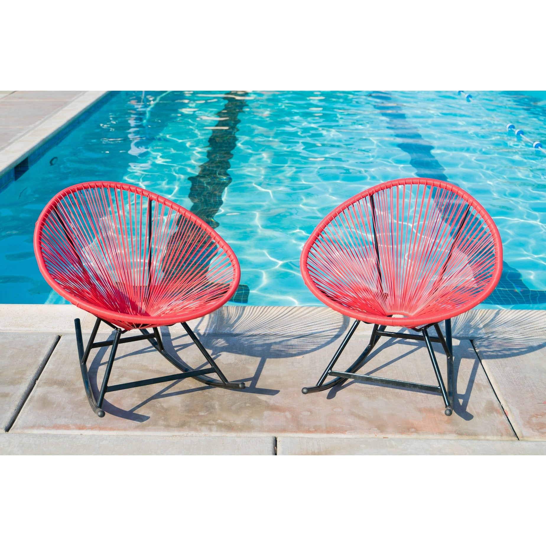XBrand 34.6"L Oval Rattan/Steel Acapulco Rocking Chairs (Set of 2) All Weather Patio Conversation Bistro Set for Lawn, Balcony Red