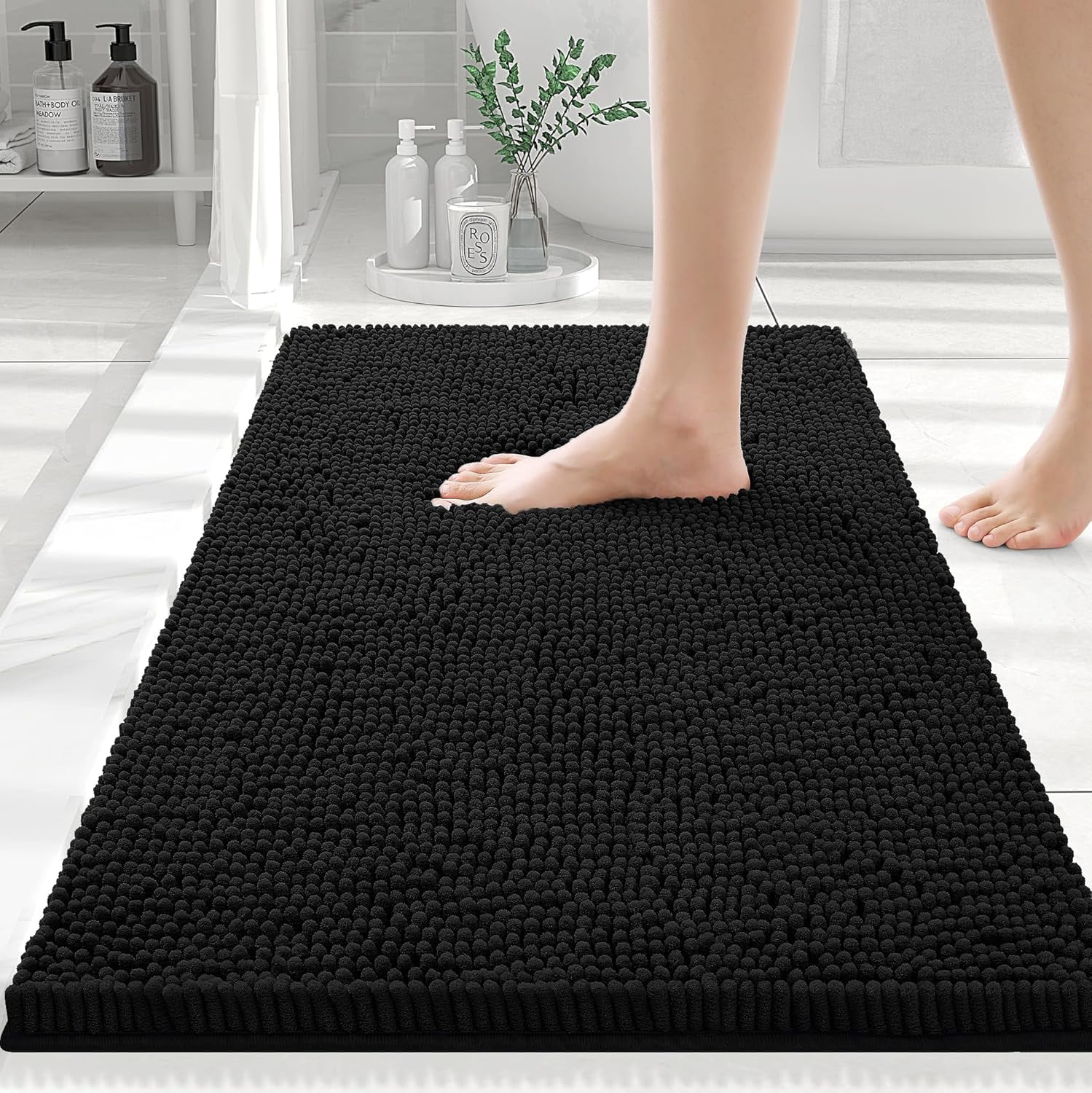 Luxury Chenille Bathroom Rug Mat, Extra Soft Thick Absorbent Shaggy Bath Rugs, Non-Slip Machine Wash Dry Plush Bath Mats for Bathroom, Shower, and Tub (24"x16", Light Grey)