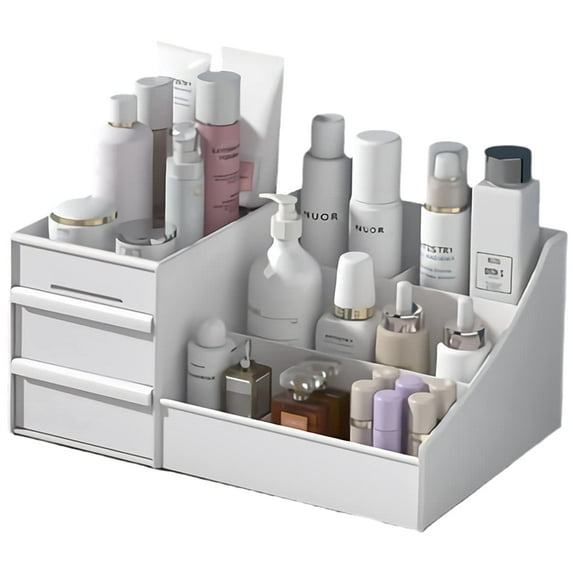 Compact White Plastic Makeup Desk Organizer with Drawers