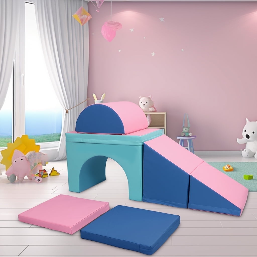 XJD Foam Climbing Blocks for Toddlers, 5 Piece Soft Play Foam Baby Climbing Blocks for Toddlers, Single-Tunnel Climb and Crawl Activity Playset, Pink Blue