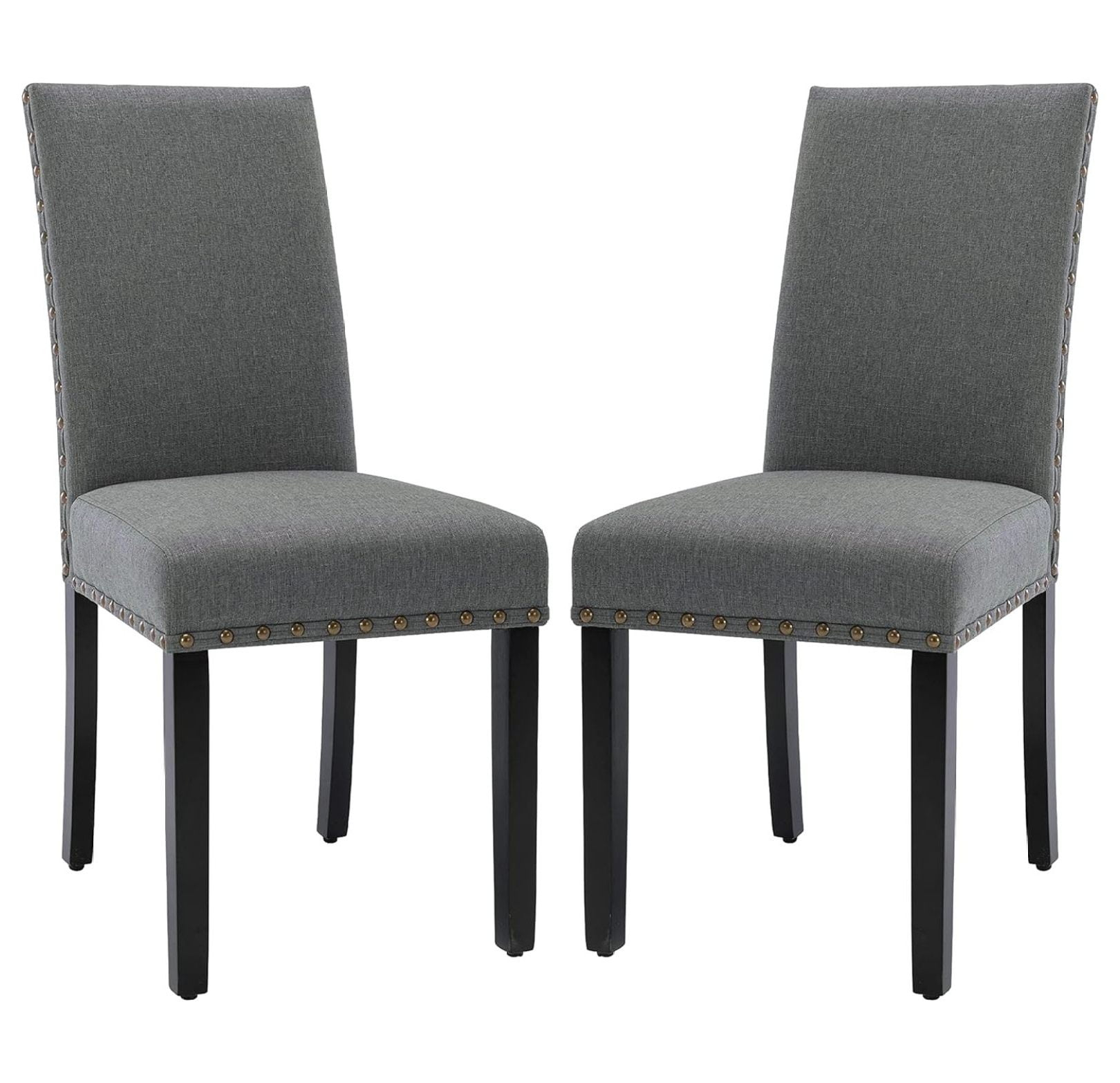 Upholstered Dining Chairs Set pf 2 Studded Parson Chairs with Nailheads and Sturdy Wooden Legs, Grey