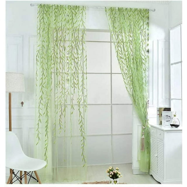 XmhyTop Rely2016 2 Pieces Willow Window Curtain Voile Tulle Room Salix Leaf Sheer Gauze Curtain Voile Panel Drapes Curtain Green Color for Living Room, Bedroom, Balcony ,100 x 200cm