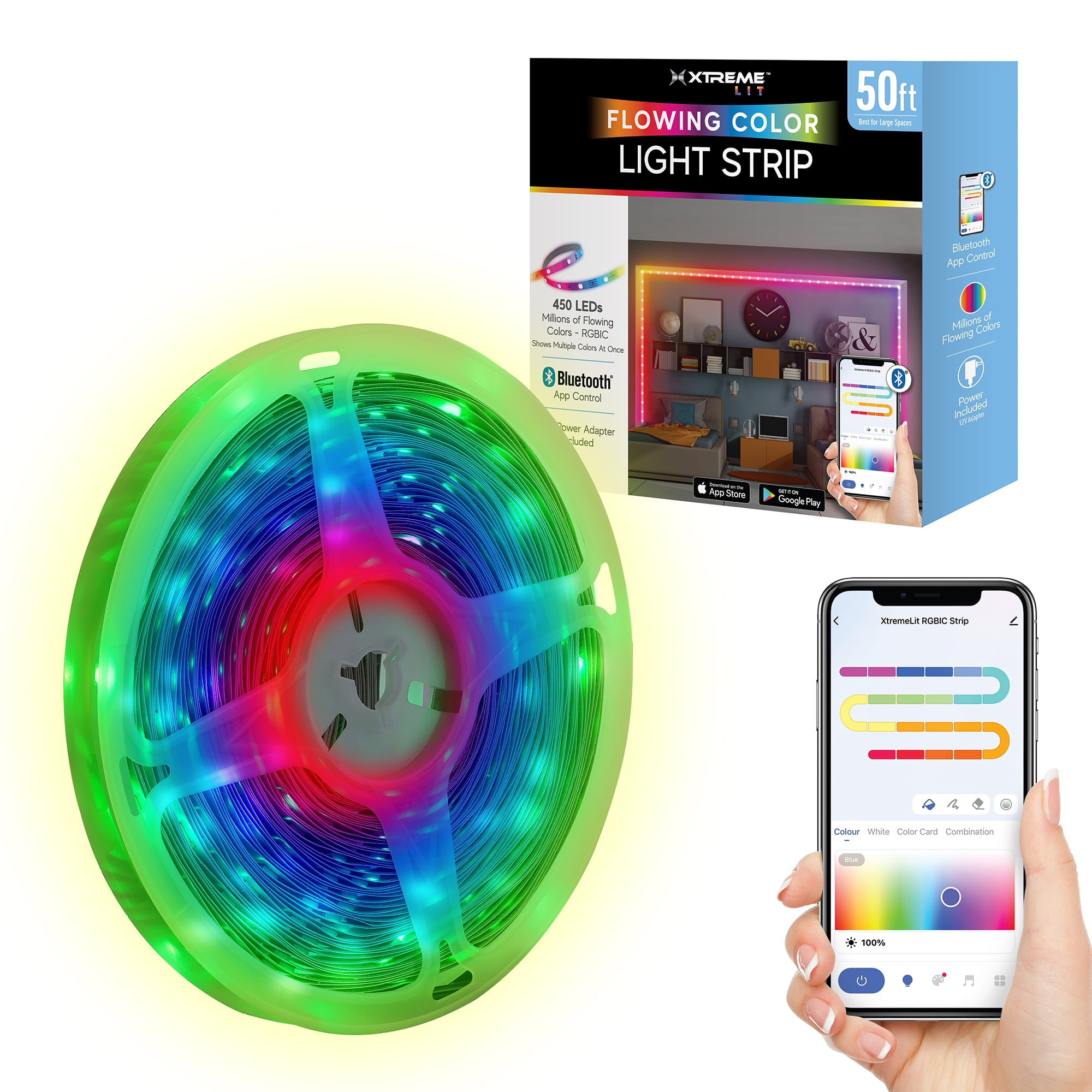 Xtreme Lit 50ft Bluetooth LED Light Strips, Flowing Color Effect, App Use, Indoor, Corded Electric