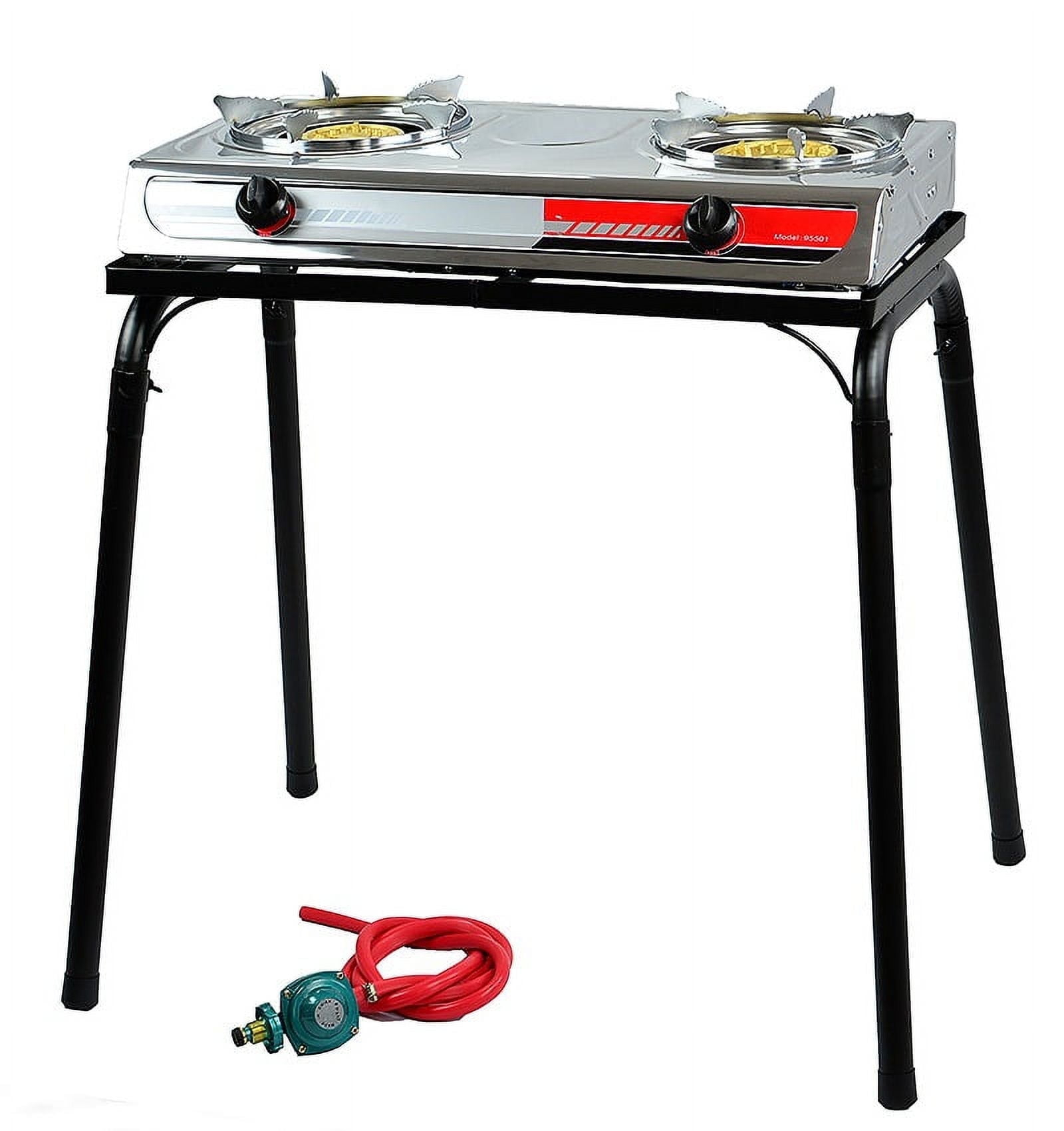 XtremepowerUS 2 Burner Propane Stove With Stand, Portable Stainless Steel Auto Ignition Gas Cooktop, Included Gas Pressure Regulator, Suitable For Backyard Patio Cooking Home Brewing, Canning