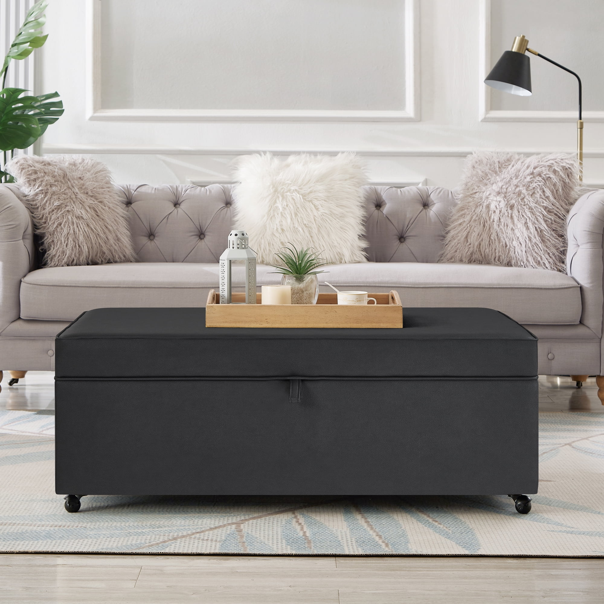 Dark Gray Faux Leather Storage Ottoman Bench with Wheels