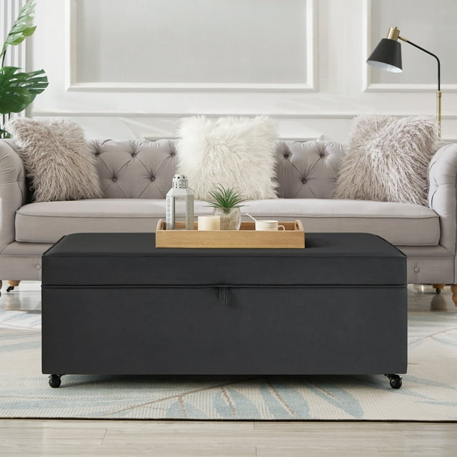 Dark Gray Faux Leather Storage Ottoman Bench with Wheels
