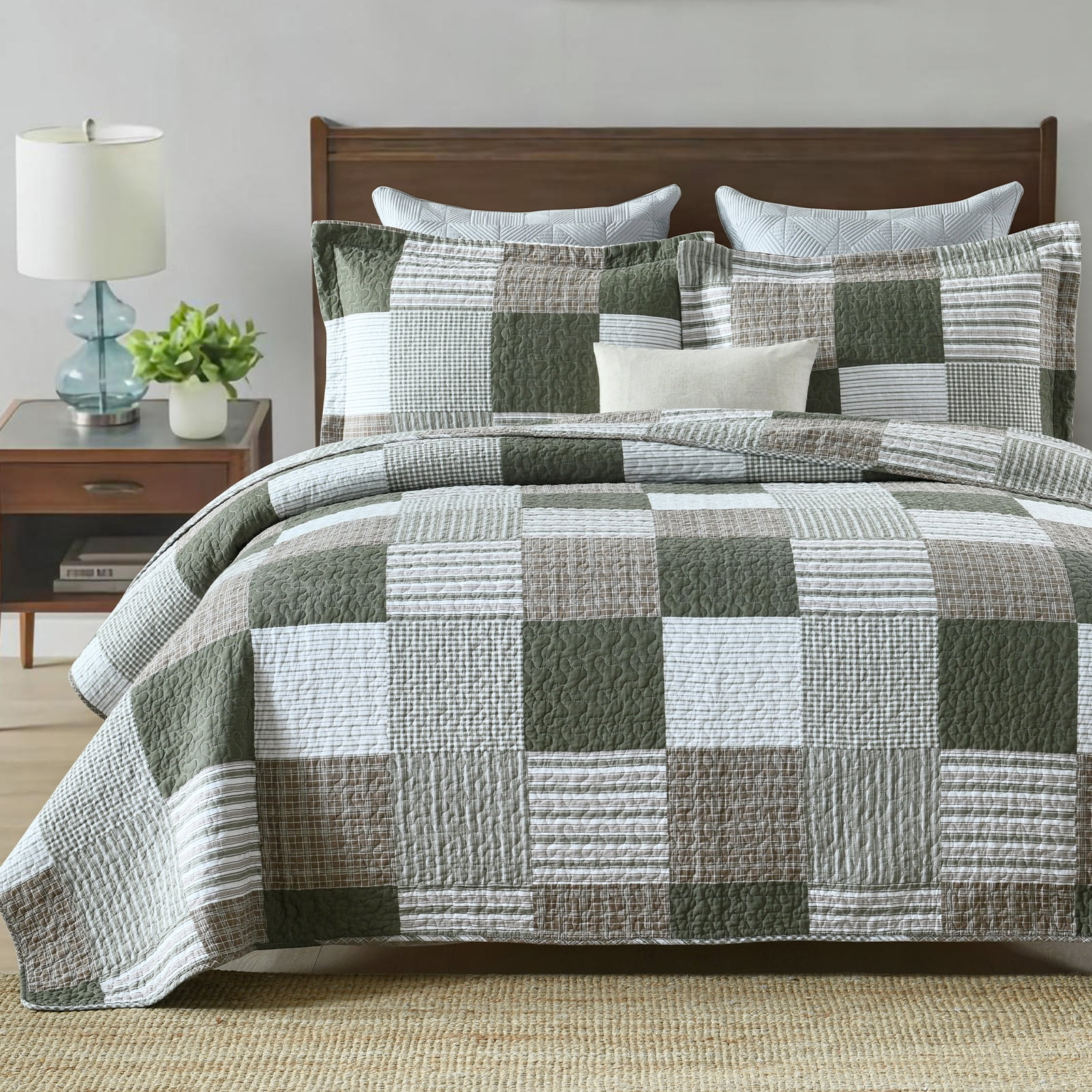 Y-PLWOMEN 100% Cotton Quilt King Size - Plaid Quilt Farmhouse Lightweight Quilted Bedspread, King Comforter Set, Soft Bed Spread for King Bed with Pillow Shams