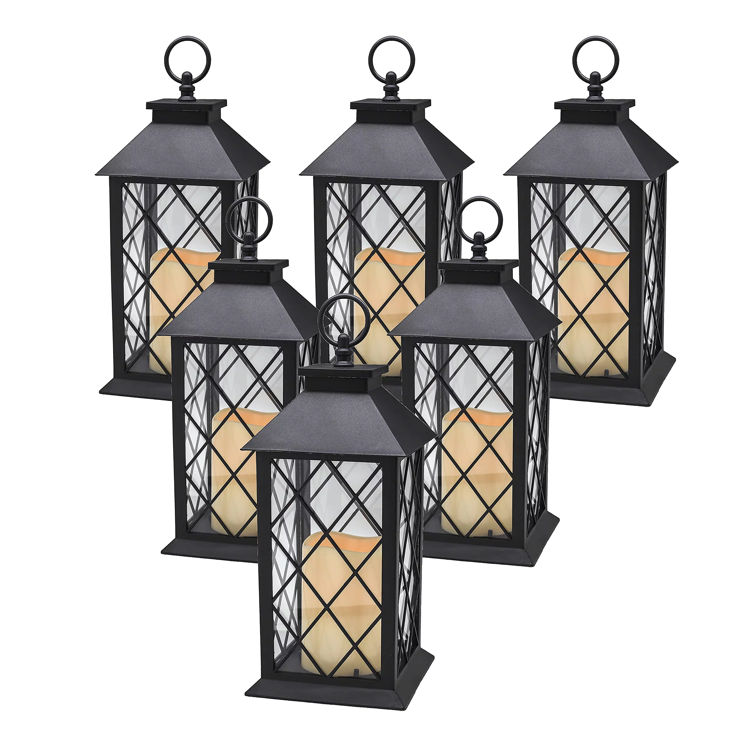 YAKii 13" Decorative Candle Lantern with LED Flameless Candle and Timer, Plastic LED Candle & Holder, Indoor & Outdoor Hanging Lights Thanksgiving &Christmas Day Decorations, Pack of 6 (Black)