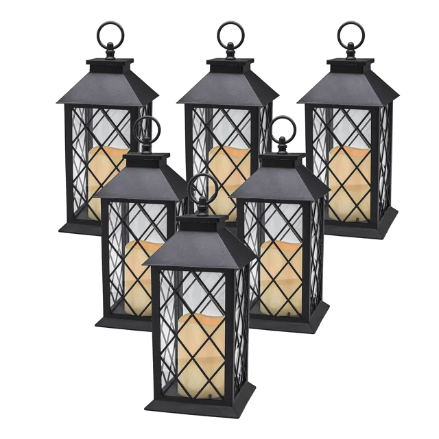 YAKii 13" Decorative Candle Lantern with LED Flameless Candle and Timer, Plastic LED Candle & Holder, Indoor & Outdoor Hanging Lights Thanksgiving &Christmas Day Decorations, Pack of 6 (Black)