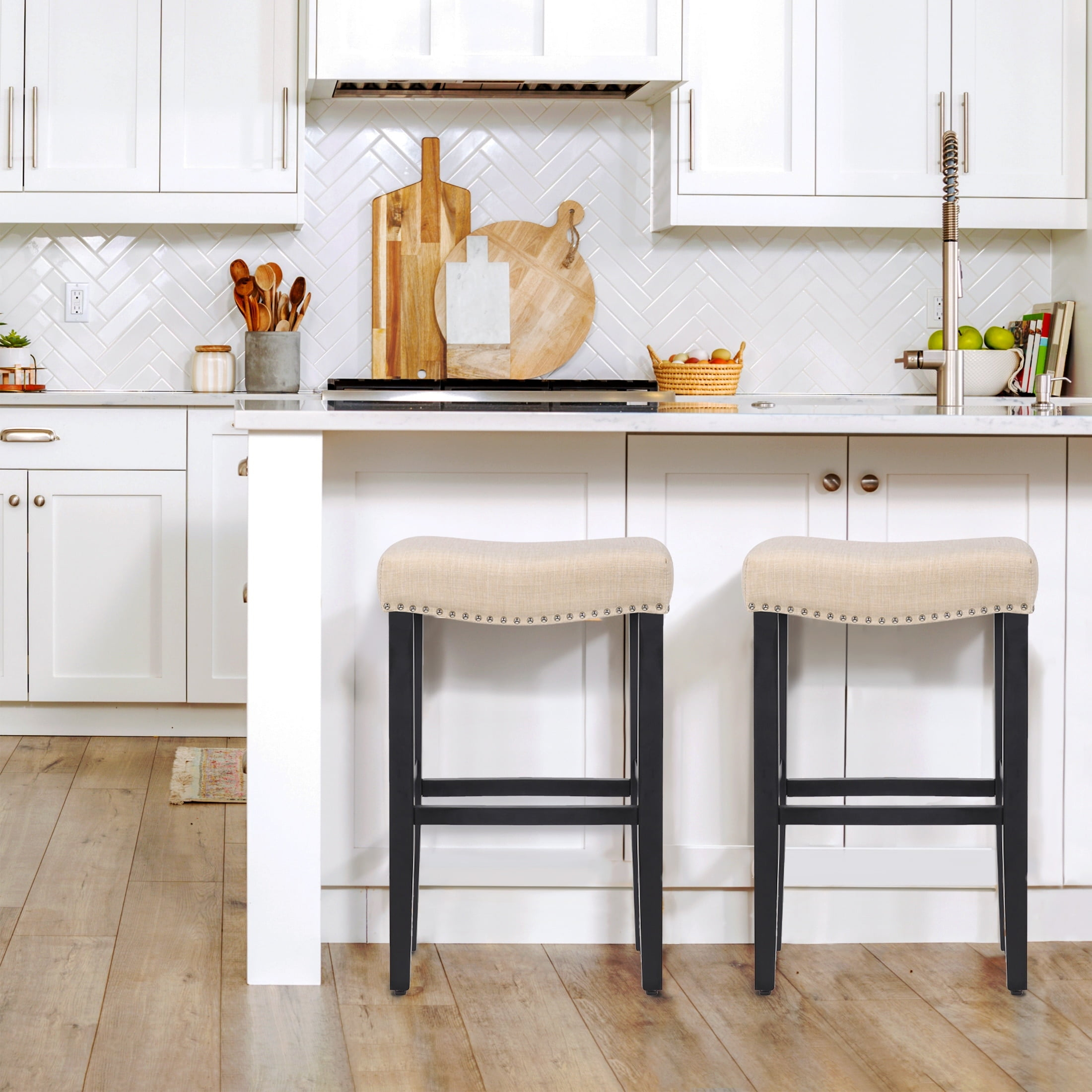 YAZAN 29" Upholstered Counter Stool with Nail Head Trim (Set of 2), Black/Beige