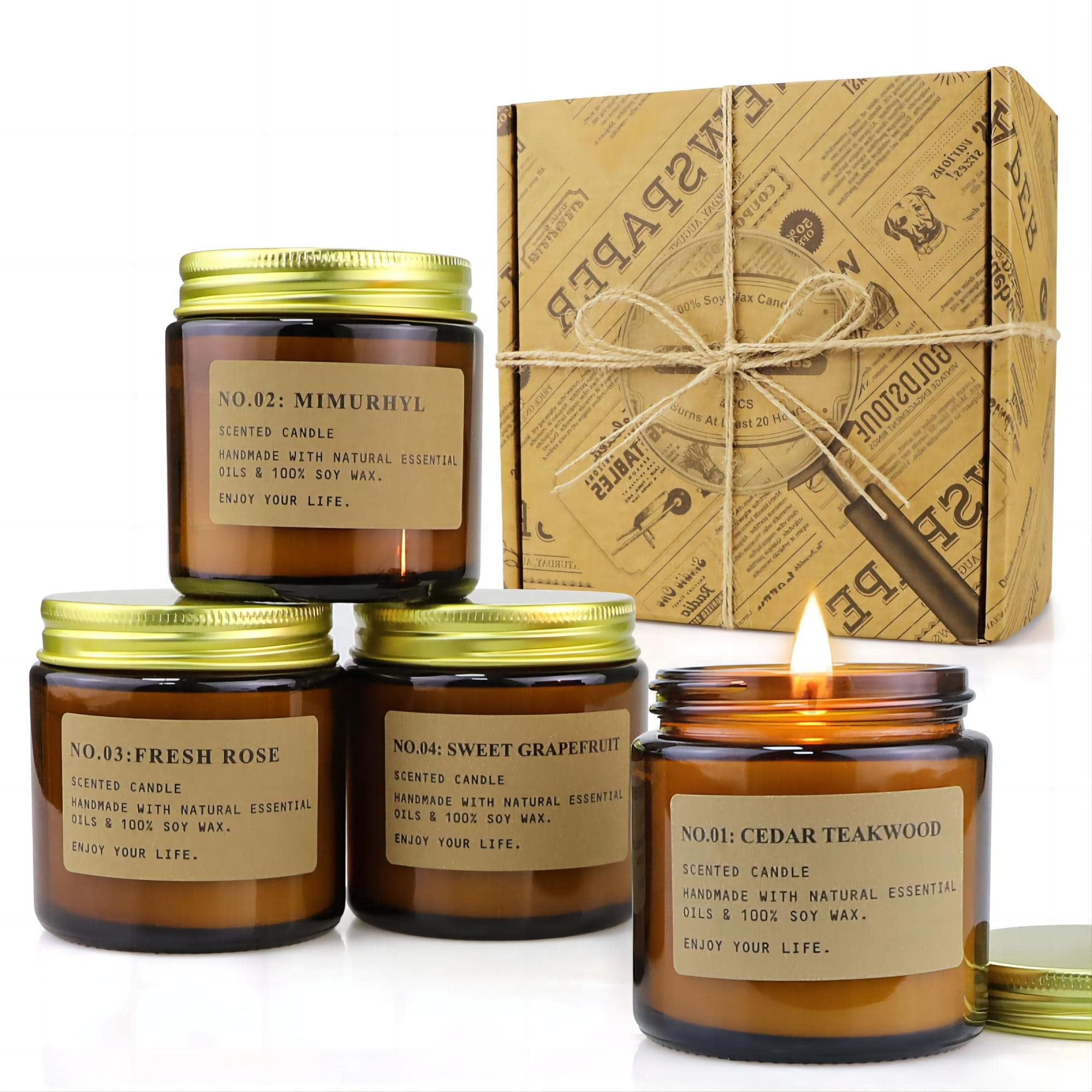 YFYTRE 4 Pack Scented Candle Set Soy Wax, Aromatherapy Candles for Home Decoration, Jar Candles Gift for Women with Amber Glass Jars and Kraft Wrapping