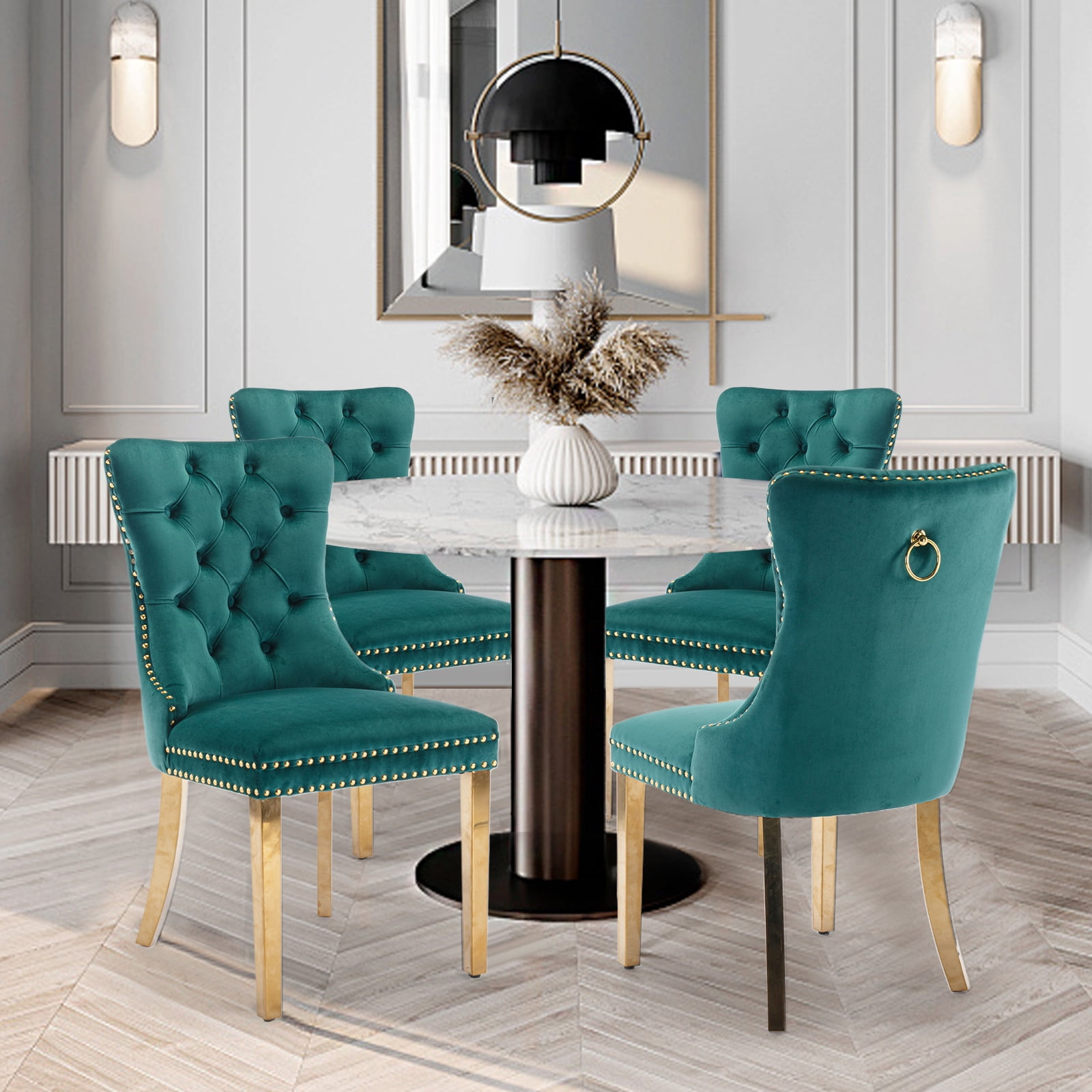 ODUSE-DAILY Green Velvet Dining Chairs Set of 4, Kitchen & Dining Room Chairs, Nailheads Tufted, Sillas De Comedor, Fabric Upholstered, Golden Metal Legs (Green, 4 Pcs)
