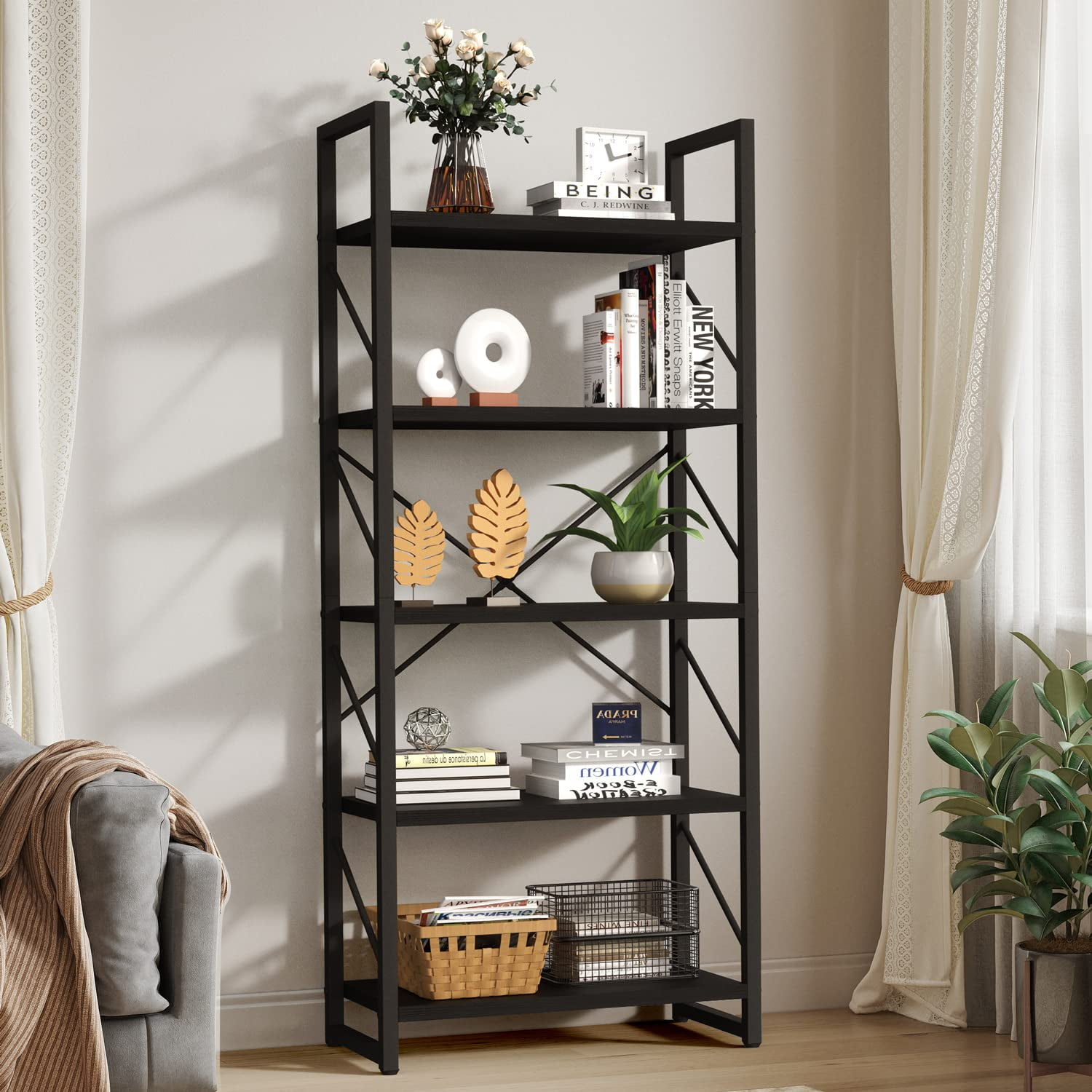 WedealFu Inc Roul Wood 5 Tiers Bookshelf Modern Bookcase Storage Rack Shelves Black