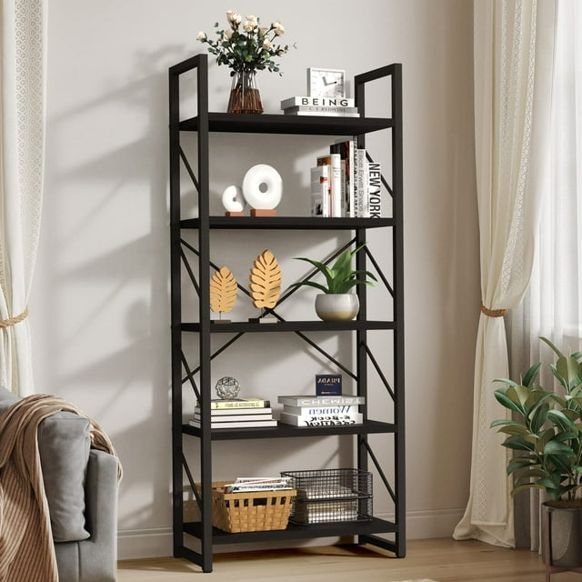 WedealFu Inc Roul Wood 5 Tiers Bookshelf Modern Bookcase Storage Rack Shelves Black