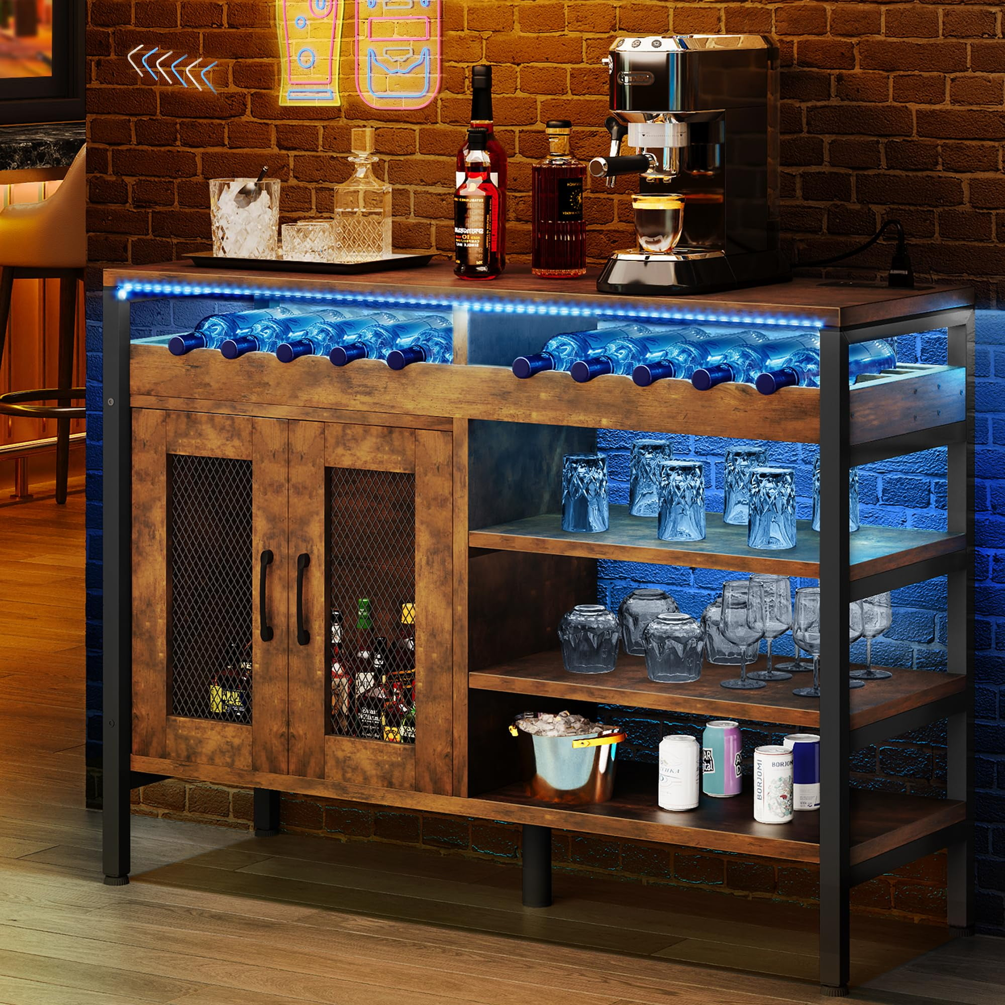 YITAHOME Wine Bar Cabinet with Power Outlets and LED Lights, Industrial Coffee Bar Cabinets for Liquor and Glasses Home Bar Kitchen Buffet Cabinet for Home Living Dining Room 47"