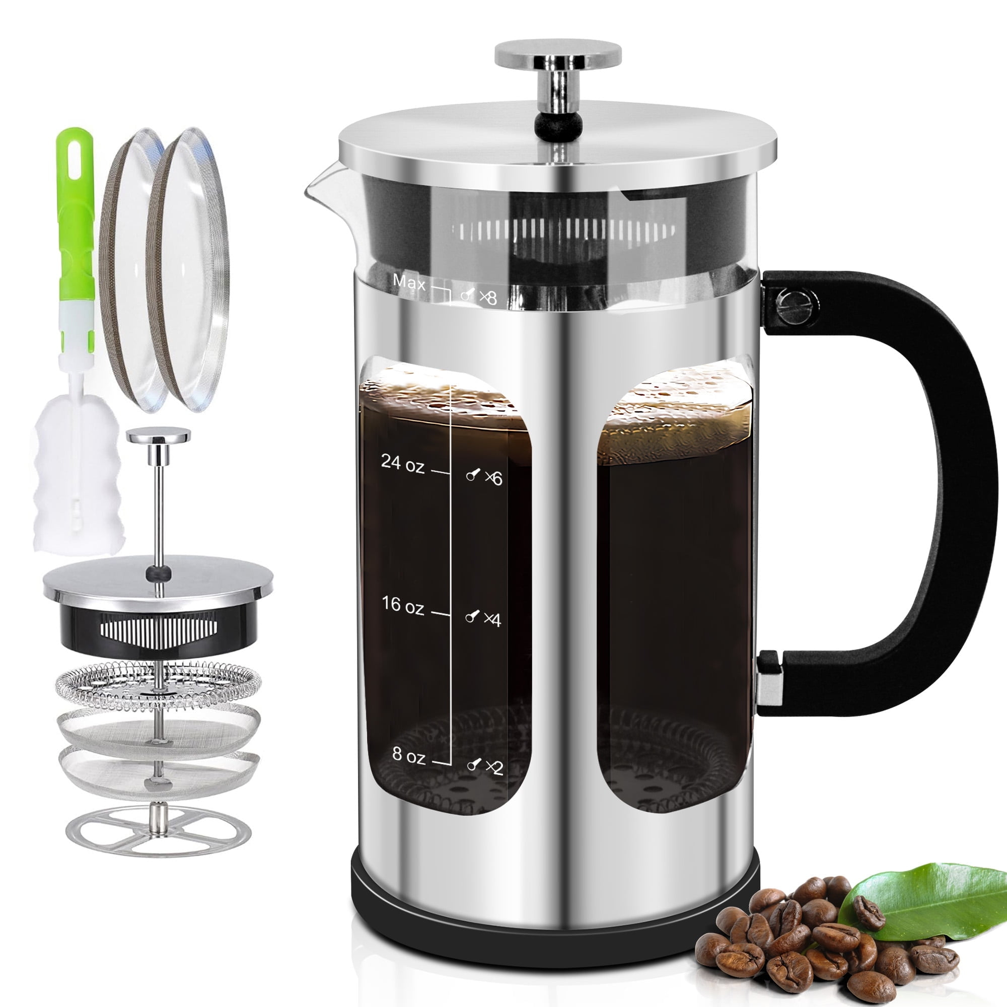 YMMIND French Press Coffee Maker (34oz 1Quart 5-6Cup) Coffee Press, with 4 Filters System, Heat Resistant Thickness Borosilicate Glass, Cold Brew Coffee Tea Pot Gifts (Silvery)