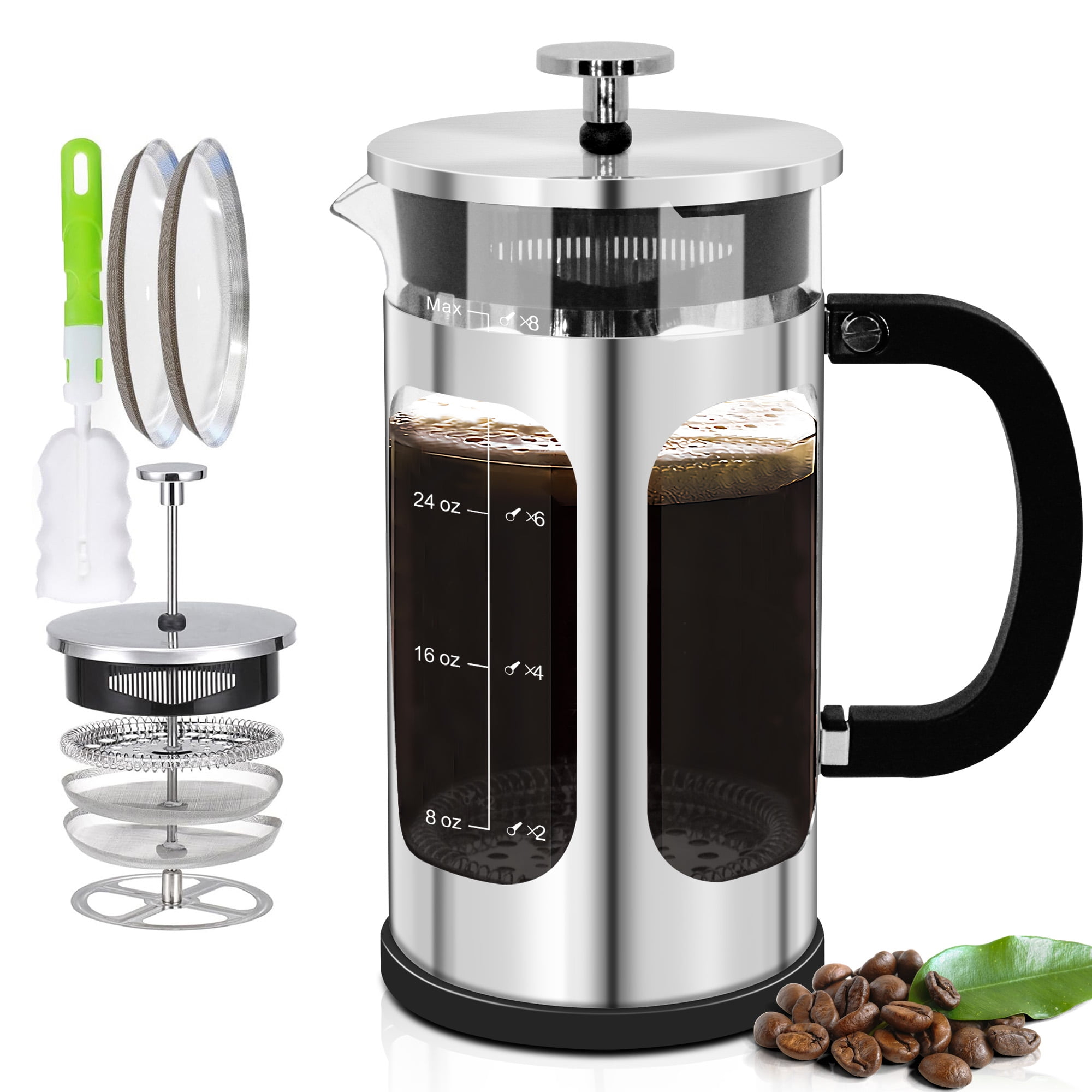 YMMIND French Press Coffee Maker (34oz 1Quart 5-6Cup) Coffee Press, with 4 Filters System, Heat Resistant Thickness Borosilicate Glass, Cold Brew Coffee Tea Pot Gifts (Silvery)