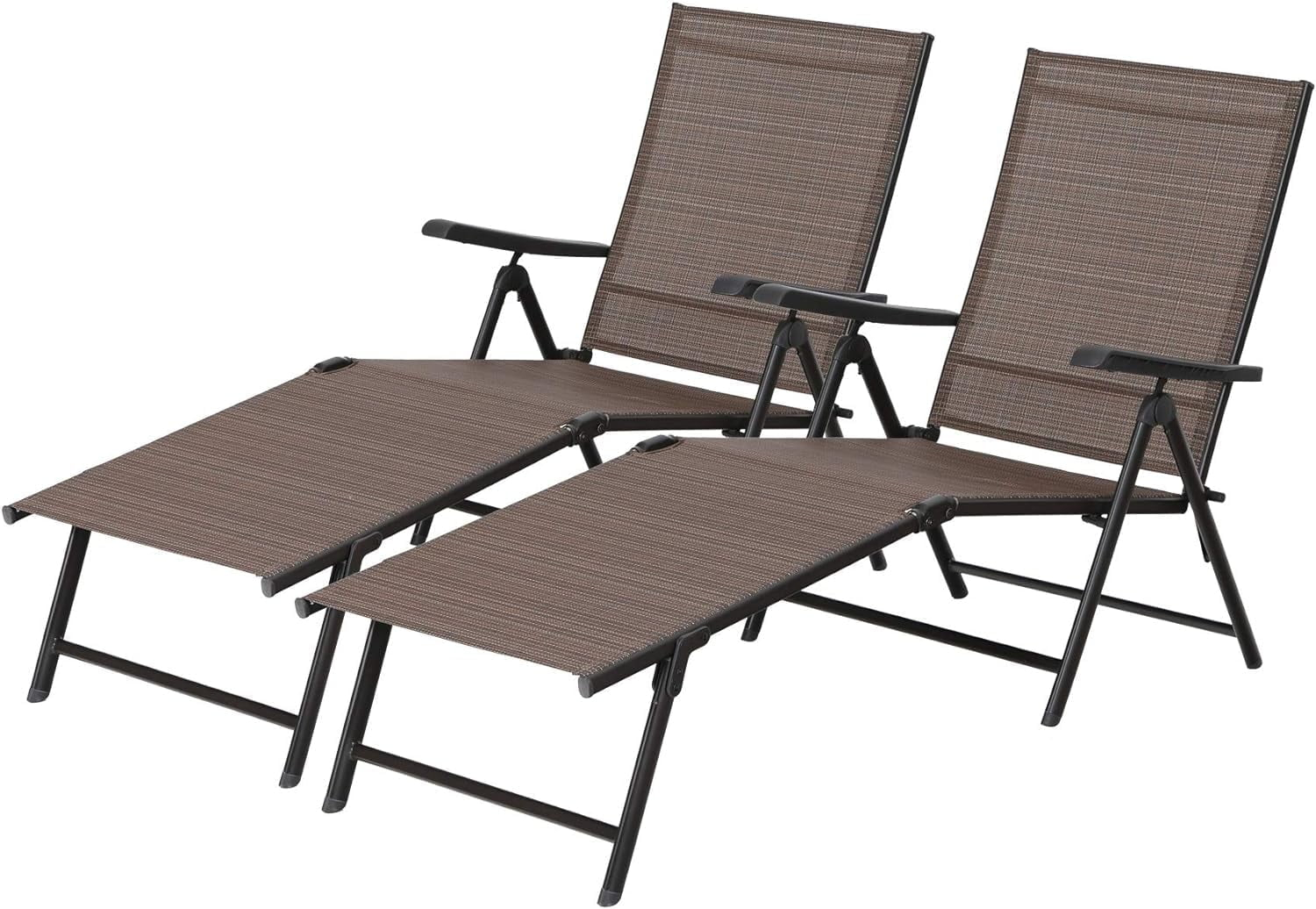 YOJFOTOOUQYUAN. 5 Stages Adjustable Patio Folding Lounge Chair Metal Outdoor Sling Fabric Recliner Chaise for Beach Yard Pool, 2 Pack,Brown