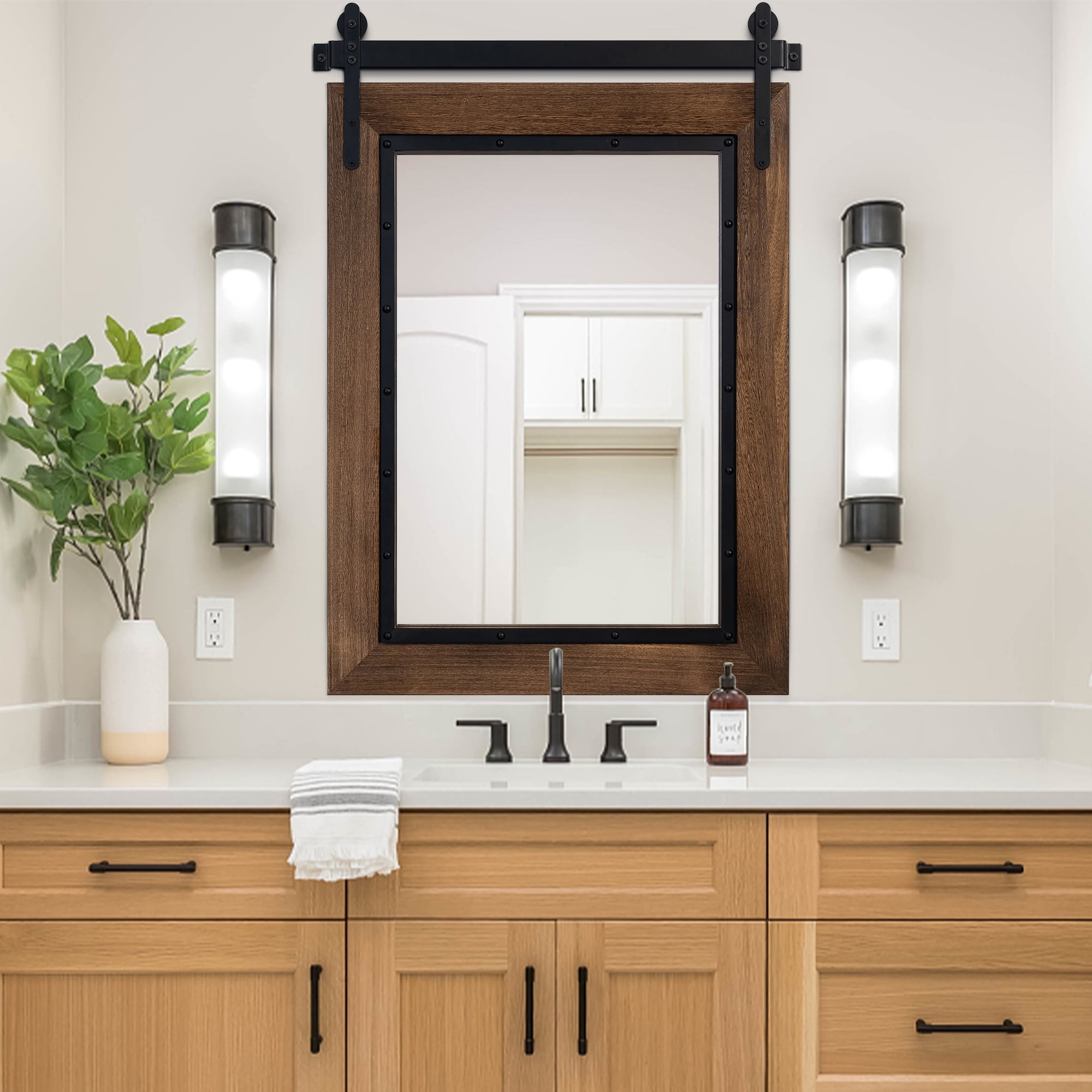 COSMOGO Farmhouse Barn Door Style Natural Wood Bathroom Vanity Wall Mirror 24"x32"