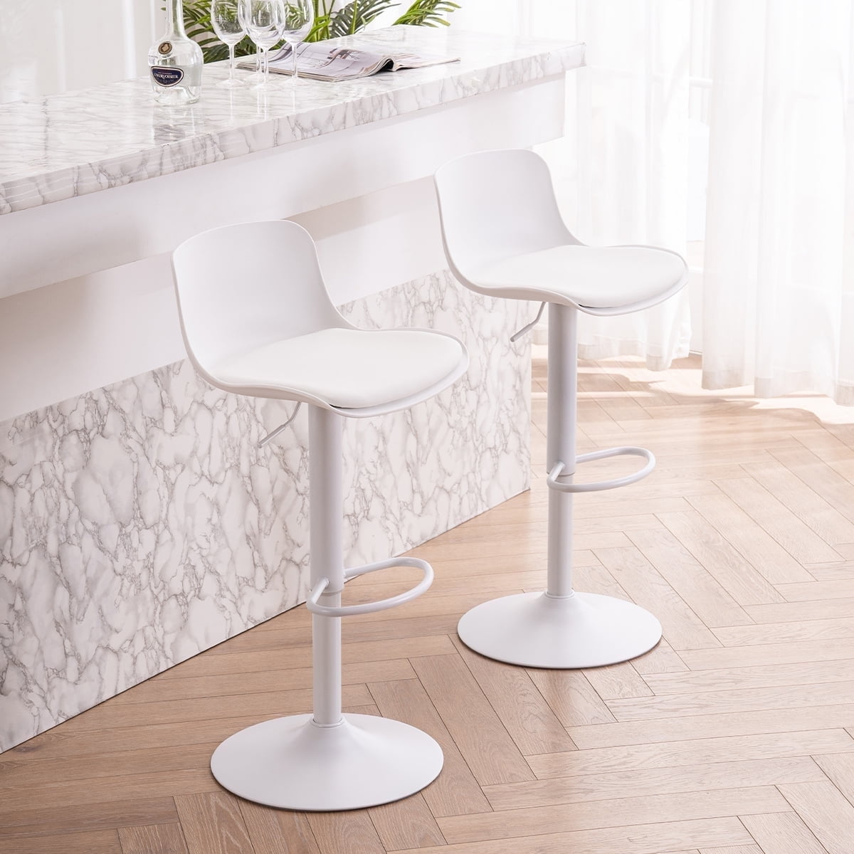 Height Adjustable Swivel PP Bar Stool with PU Padded Seat, White, Set of 2
