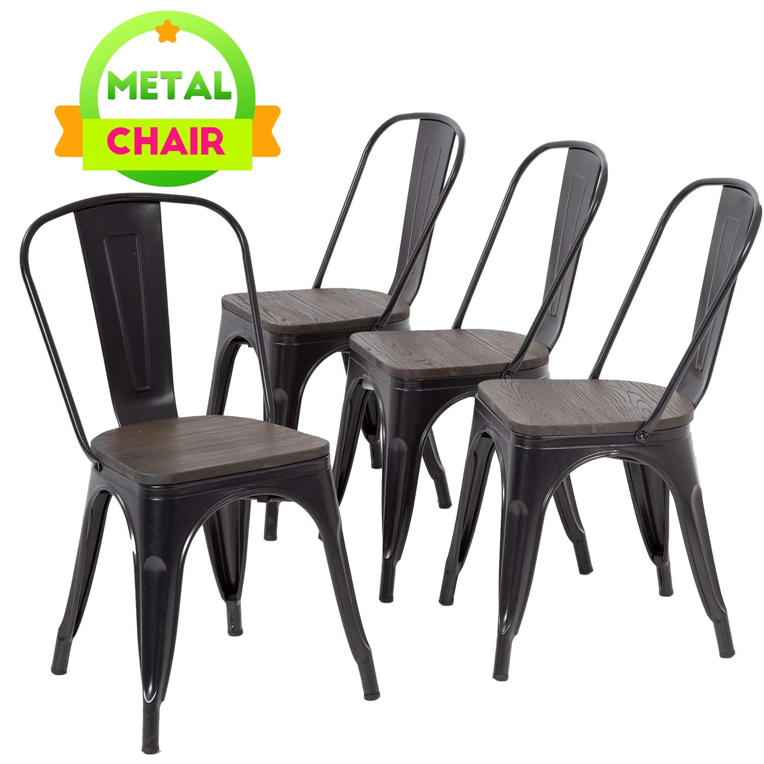 Metal Chairs Set of 4, Stackable Metal Patio Chairs 18 Inch Seat Height, Indoor/Outdoor Tolix Side Chair with Back, 330LBS Weight Capacity, Chic Kitchen Dining Chairs, Black