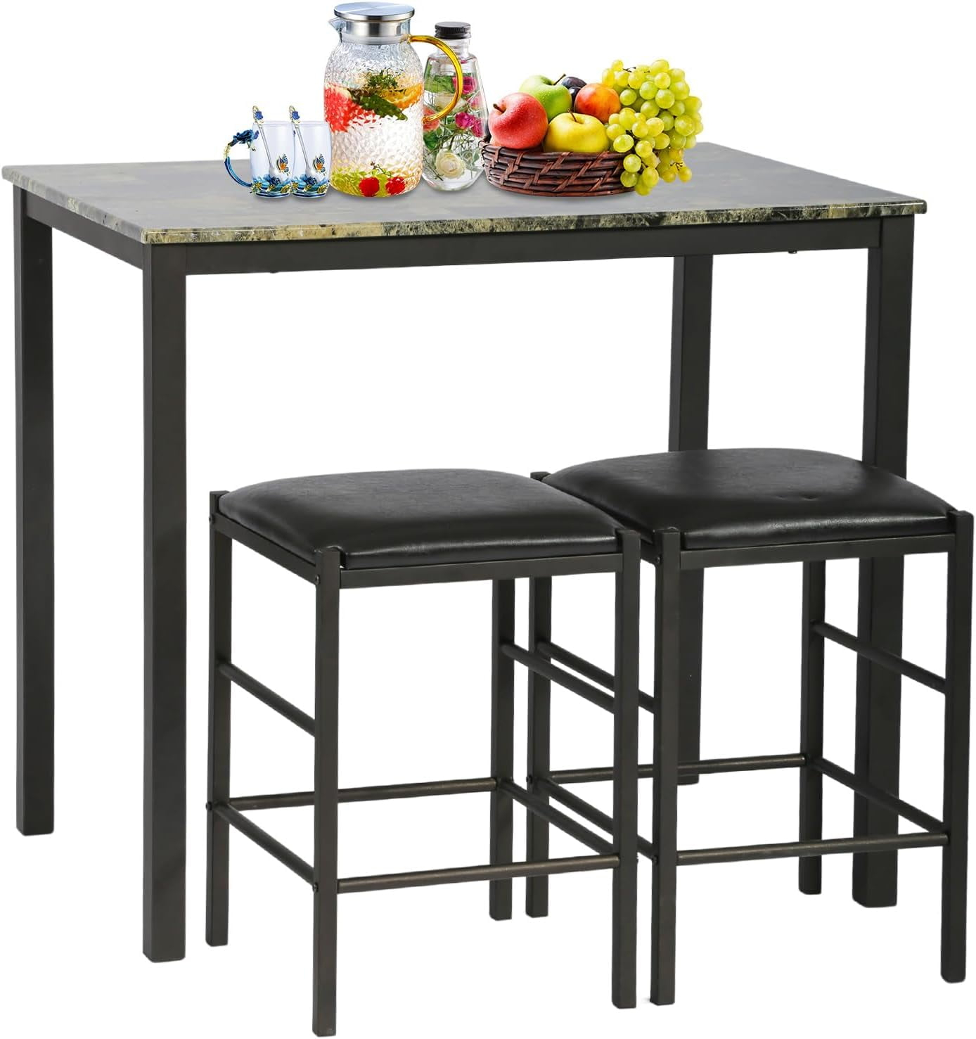 YRLLENSDAN 2-Pcs ‎Marble MDF Dining Table with Chairs Black