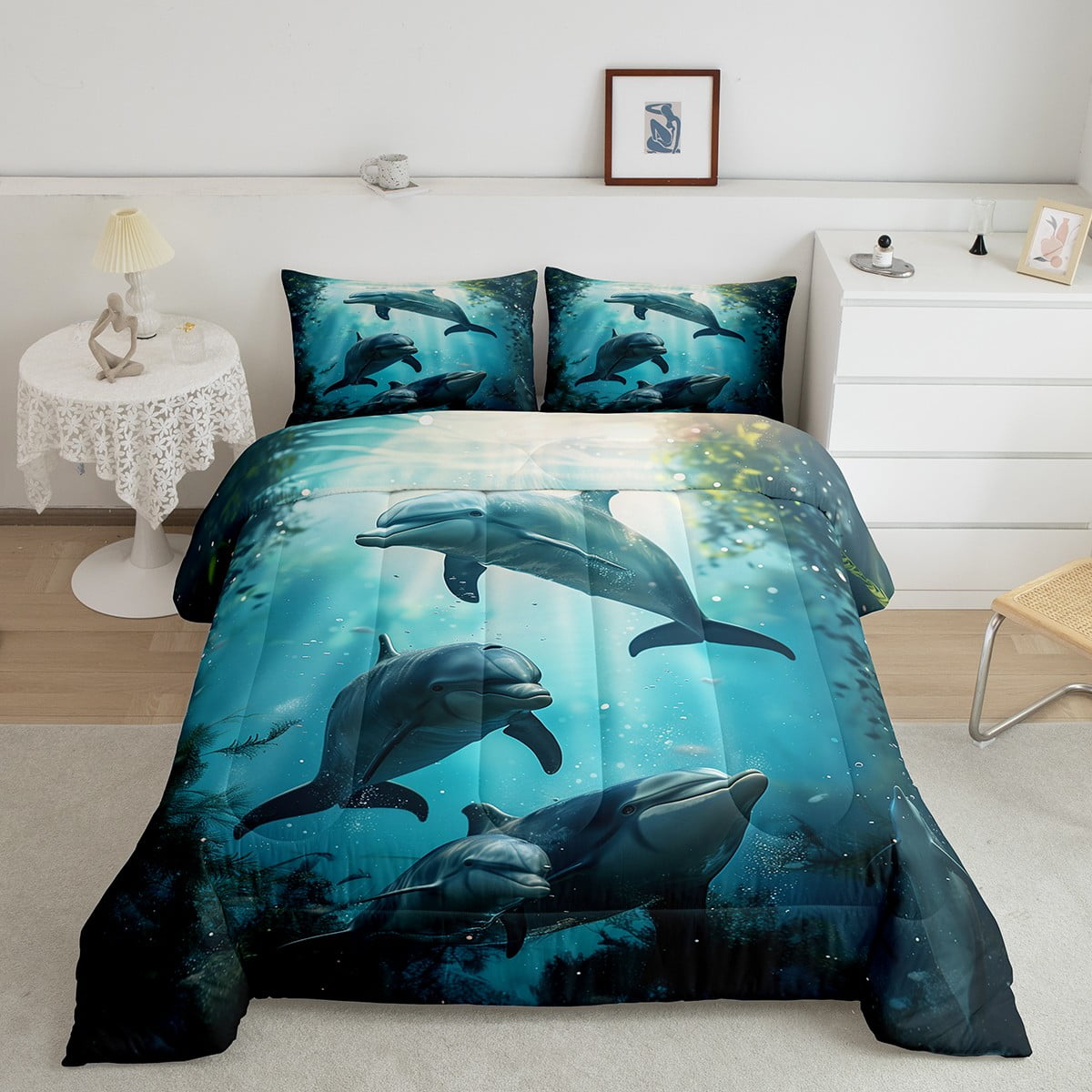 Erosebridal Dolphin Bedding Set Cute Dolphin Jumping Teal Blue Ocean Animal Comforter Set Dolphin Sea Animal Bedding Comforter Sets Queen Size - 1 Comforter with 2 Pillowcases