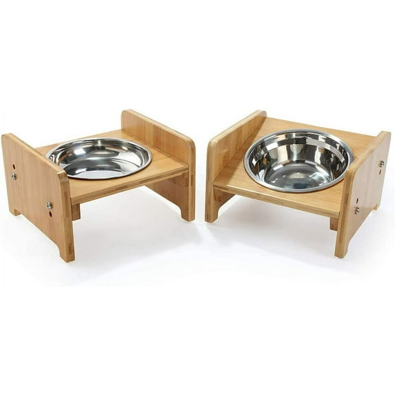 YY FOREYY Juego de 2 Tazones Elevados para Perros y Gatos, Tazones de Agua y Comida para Perros con Inclinación de Bambú, Comedero con 3 Tazones de Acero Inoxidable y Patas Antideslizantes para una Alimentación Cómoda