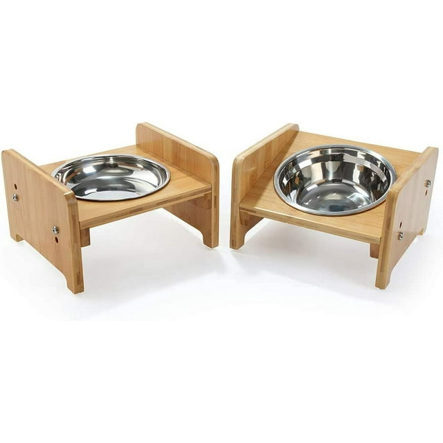 YY FOREYY Juego de 2 Tazones Elevados para Perros y Gatos, Tazones de Agua y Comida para Perros con Inclinación de Bambú, Comedero con 3 Tazones de Acero Inoxidable y Patas Antideslizantes para una Alimentación Cómoda