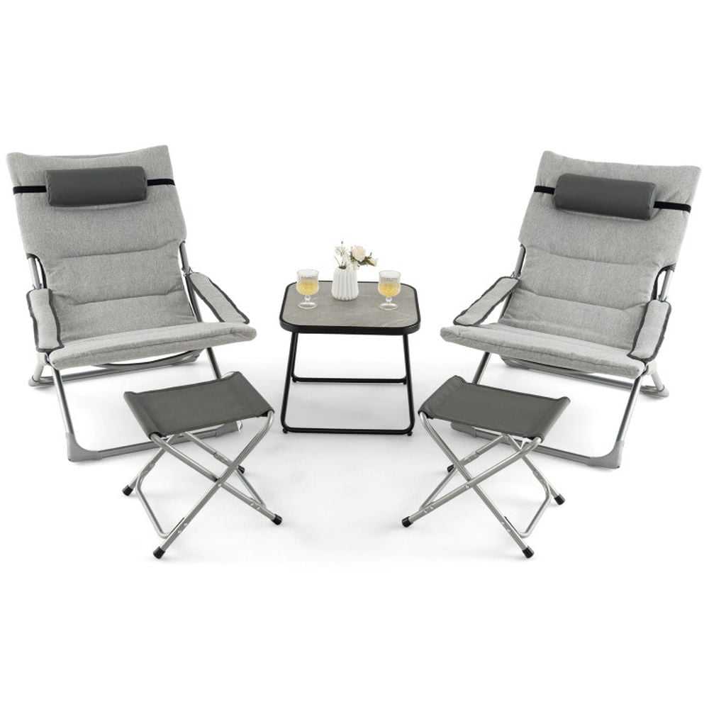 Topcobe 5-Piece Patio Sling Chair Set Folding Lounge Chairs with Footrests and Coffee Table, Outdoor Patio Lounge Chairs-Gray