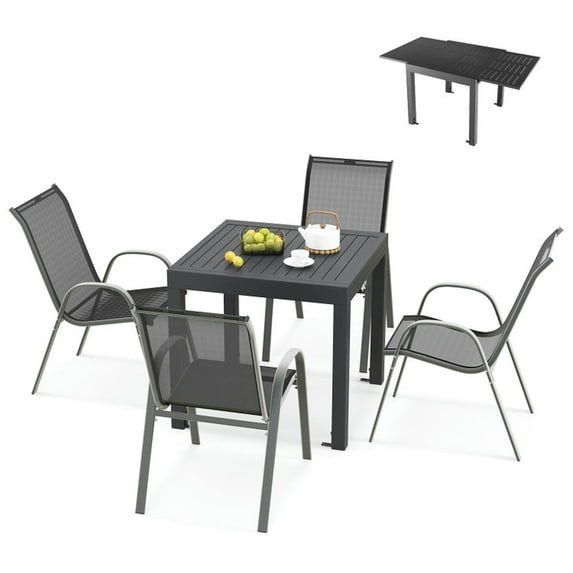 Yardi Yard Outdoor Dining Table Set with Sturdy Metal Frame, Table with Adjustable Footpads and 4 Chairs with Curved Armrests, Dining Table Set for Outdoor as Garden, Patio, Gray