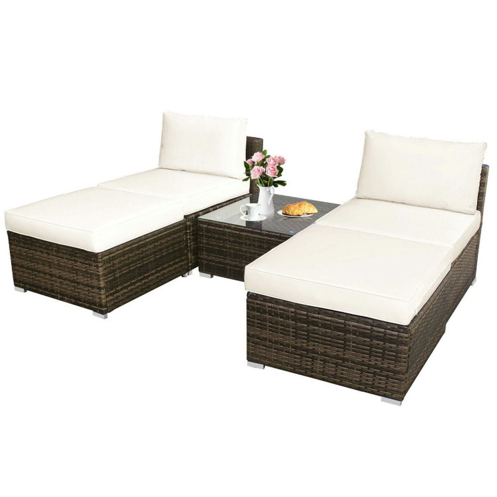 Demifill 5 Pieces Patio Rattan Furniture Set with Cushioned Armless Sofa, Weather-Resistant PE Rattan Sofa Set with Detachable Cushion, Furniture Set for Outdoor as Courtyard, Garden, White