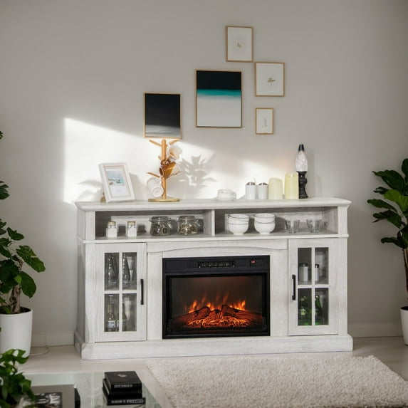 Spaco Fireplace TV Stand for TVs Up to 65 Inch with Side Cabinets and Remote Control-Gray, Mid Century Modern TV Stand for Living Room Bedroom
